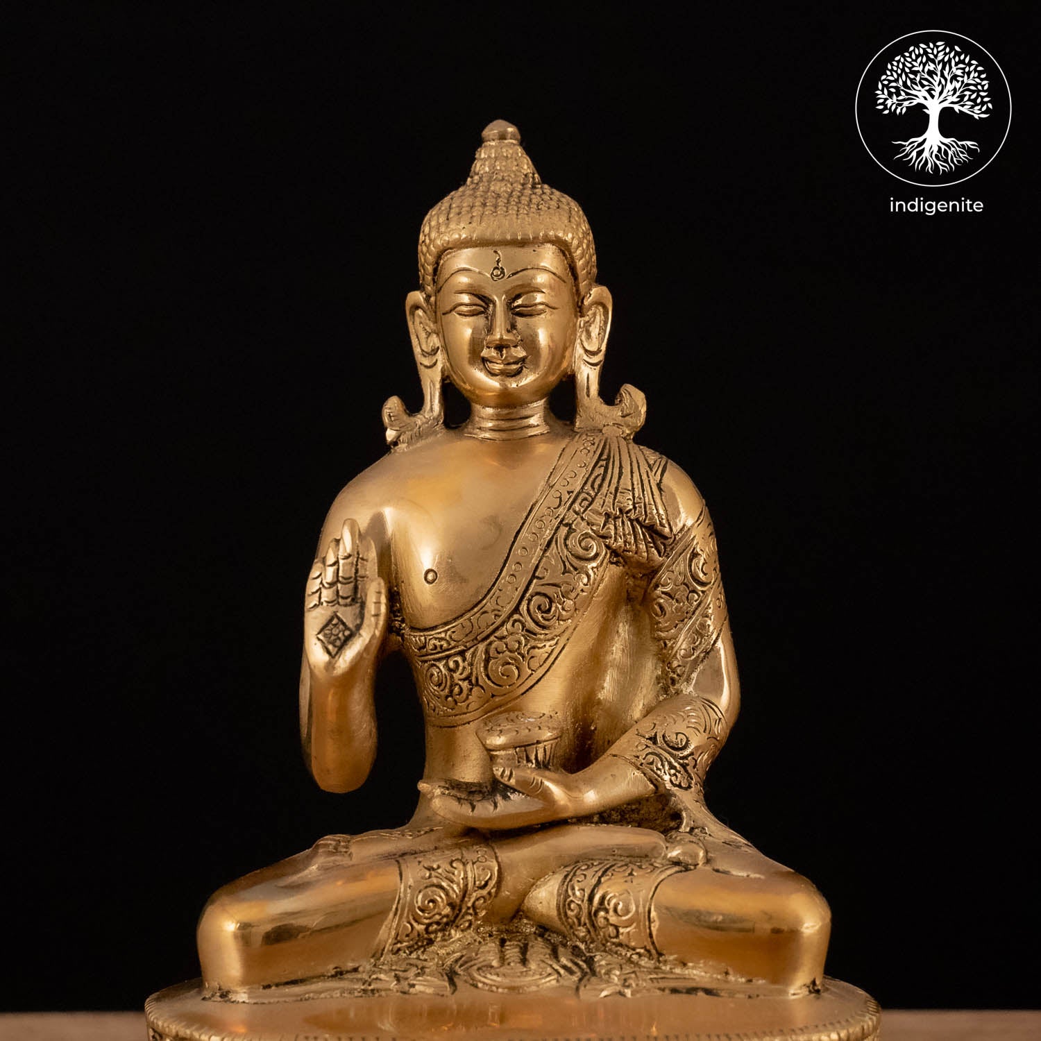 Antique Lord Buddha Sitting In Abhaya Mudra with Base - Brass Statue | 8 Inch