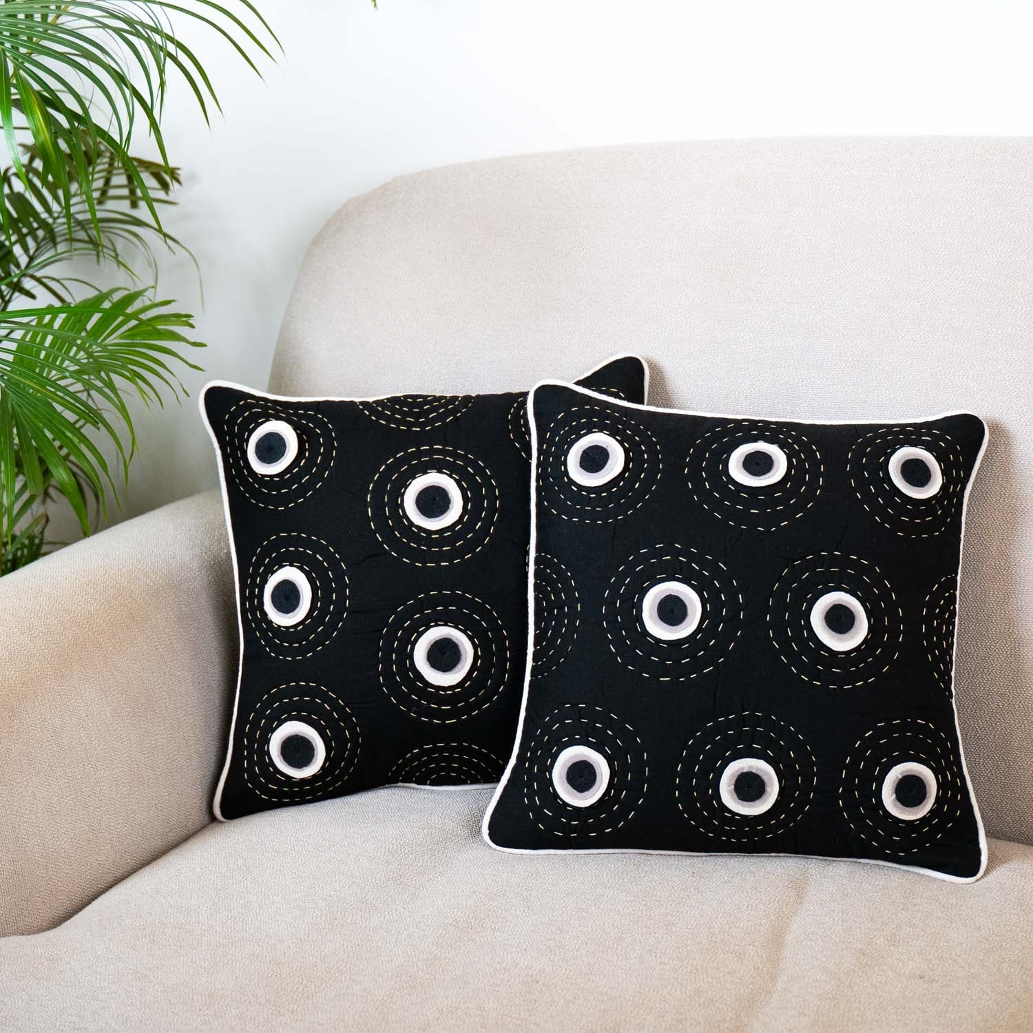 Black Circle Embroidered Cushion Cover (Set of 2)