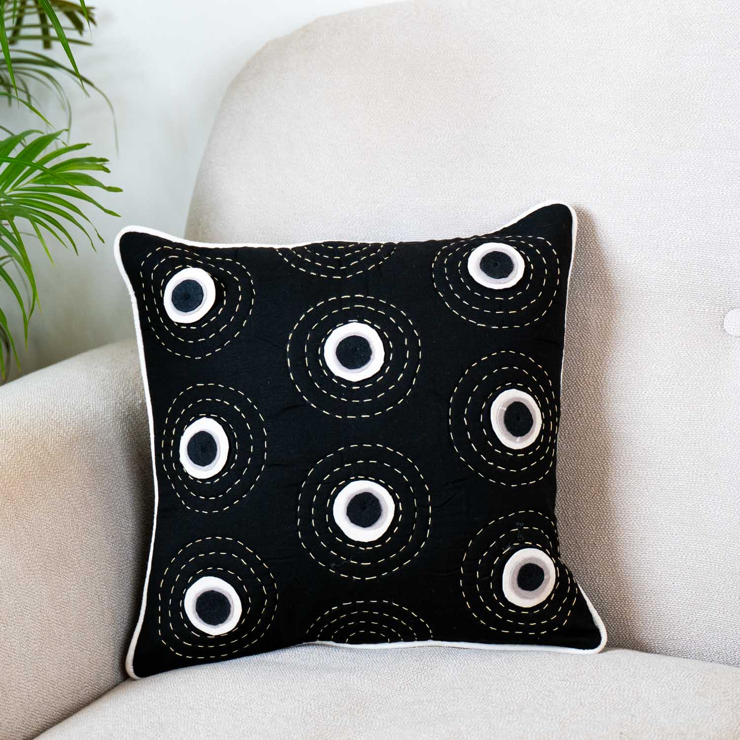 Black Circle Embroidered Cushion Cover (Set of 2)