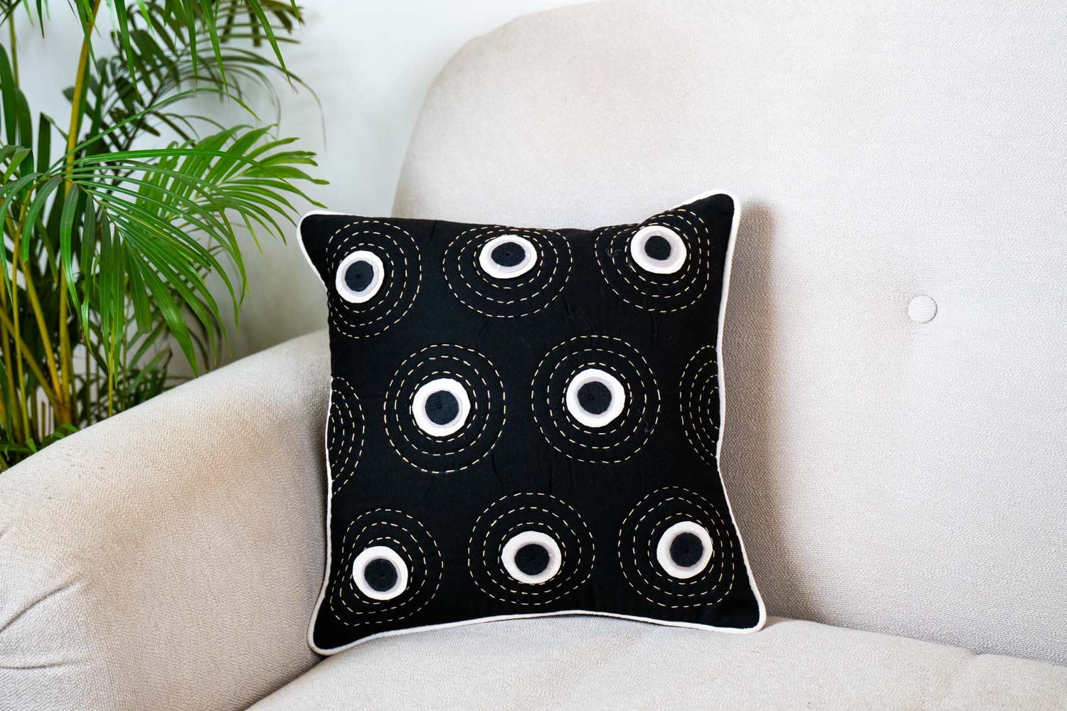 Black Circle Embroidered Cushion Cover (Set of 2)
