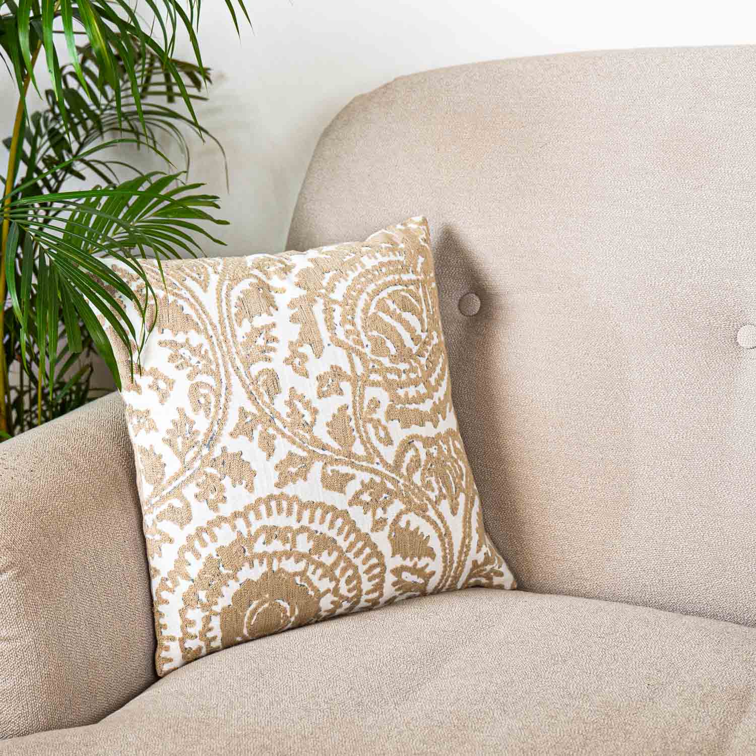Elegant Beige Embroidered Cushion Cover