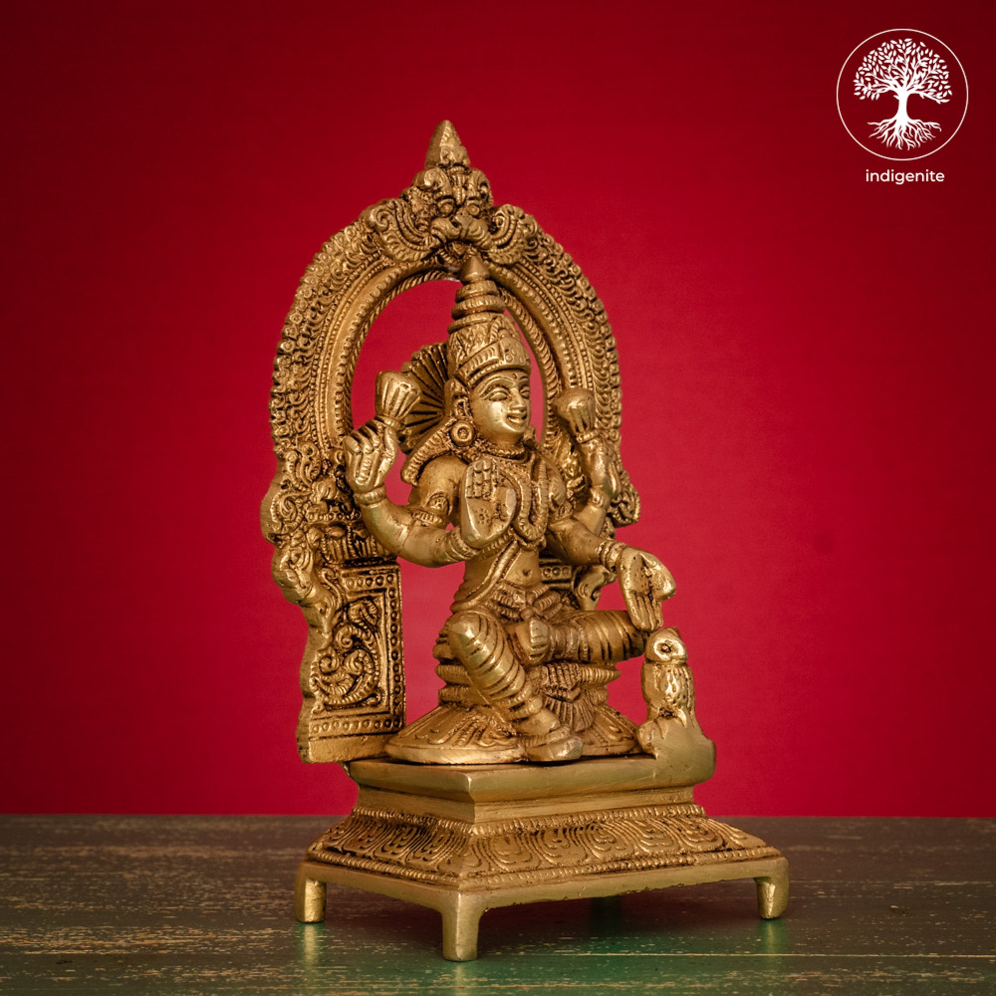 Goddess Lakshmi Idol Sitting on Singhasan- Brass Statue