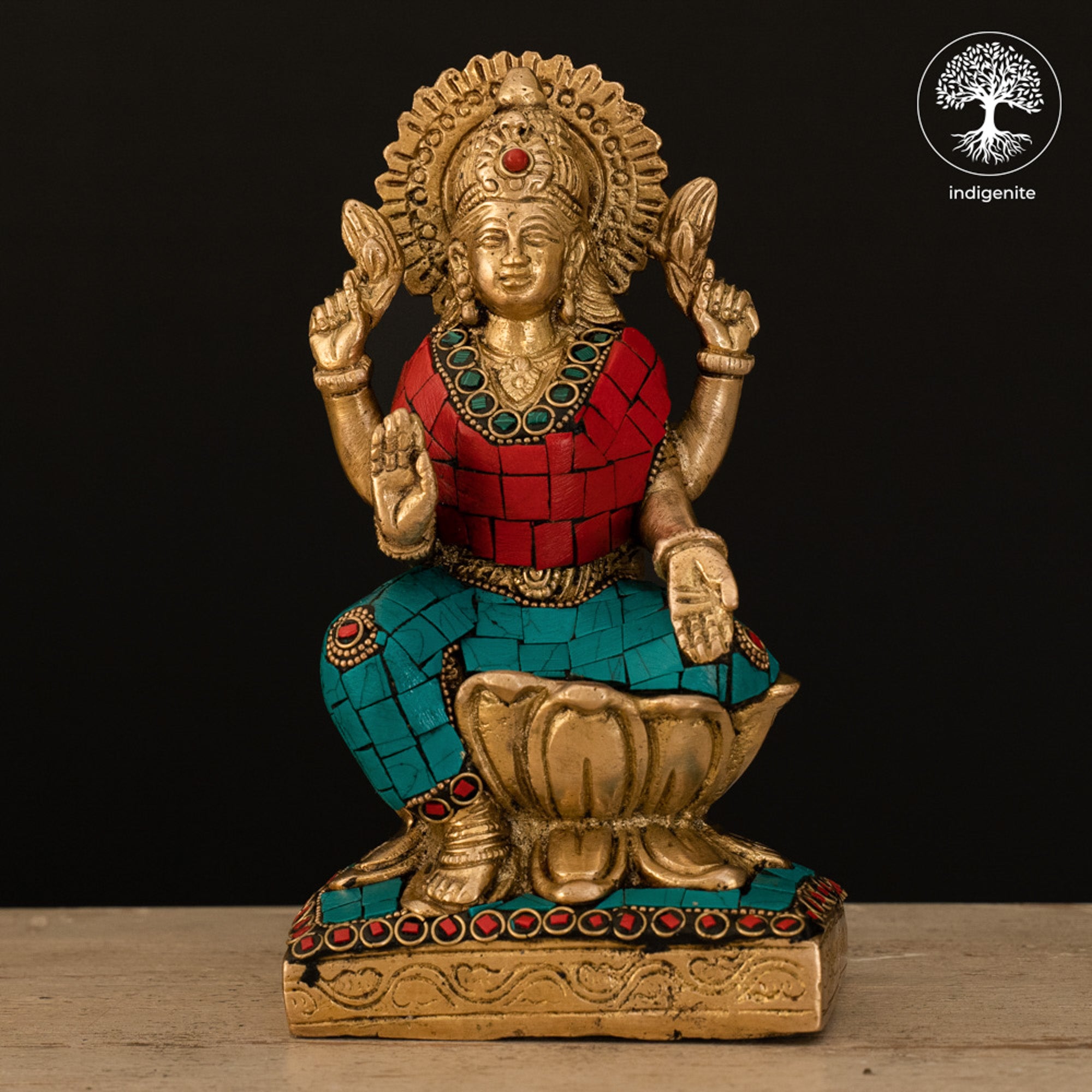 Goddess Lakshmi Idol on Lotus - Brass Statue with Stonework