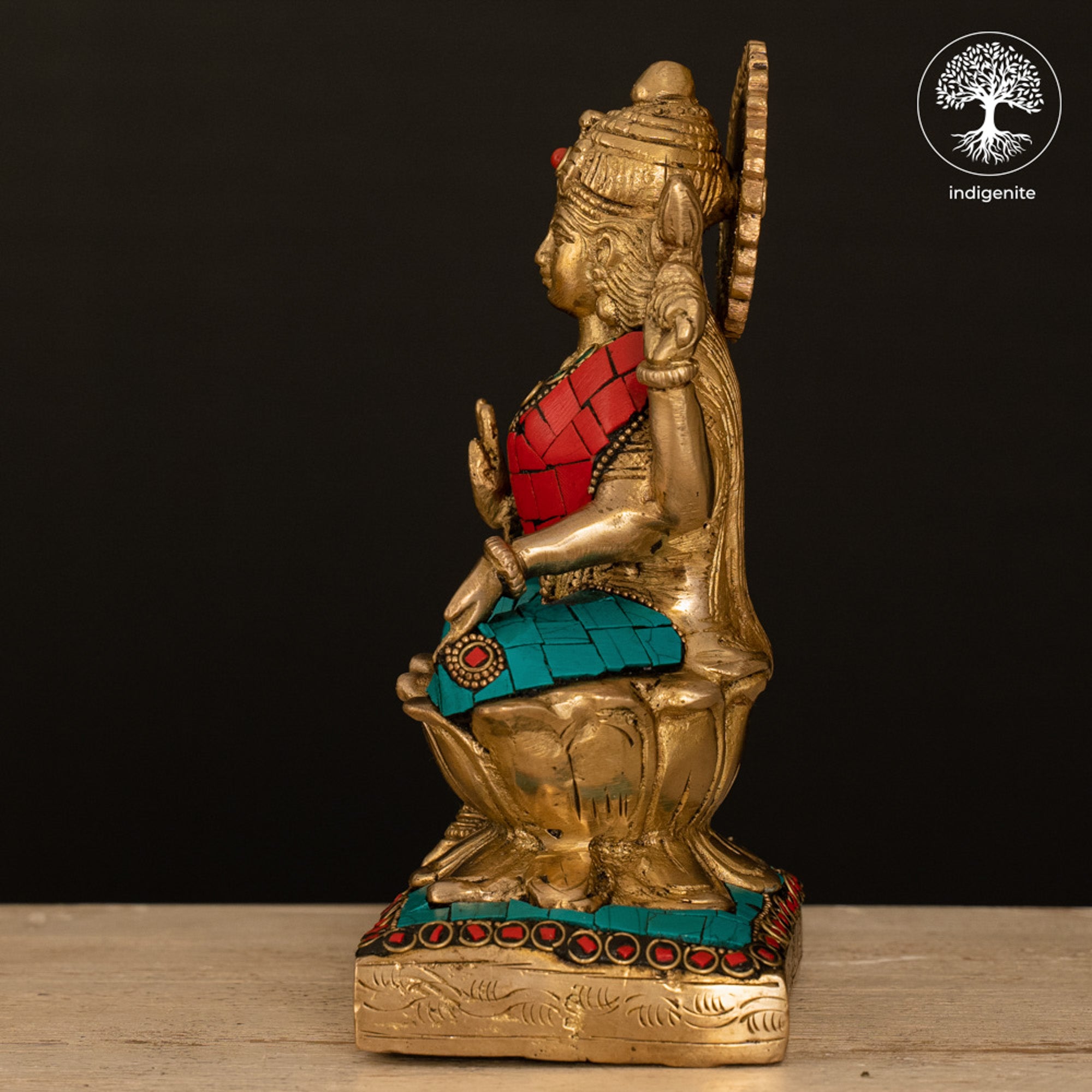 Goddess Lakshmi Idol on Lotus - Brass Statue with Stonework