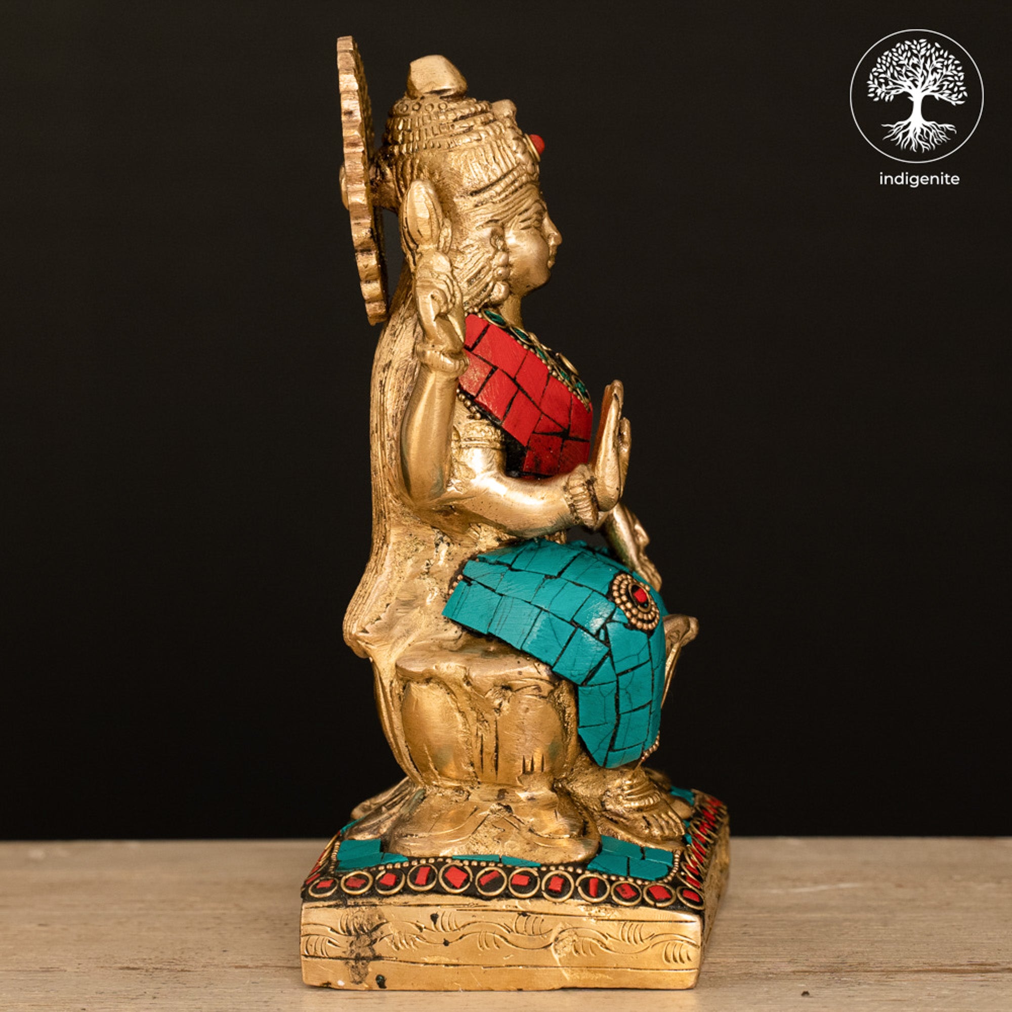 Goddess Lakshmi Idol on Lotus - Brass Statue with Stonework