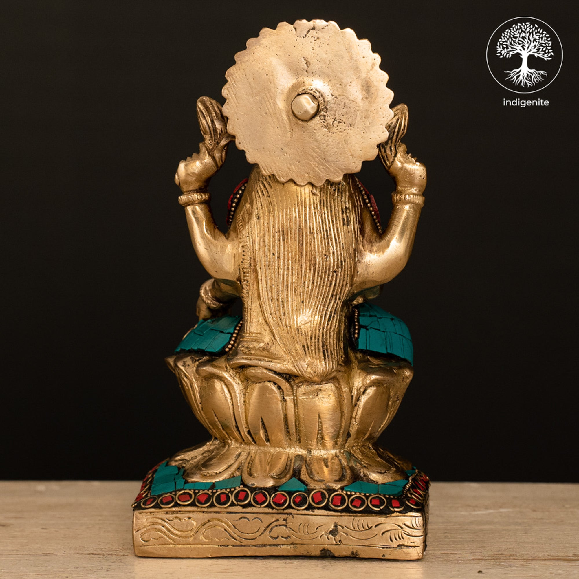 Goddess Lakshmi Idol on Lotus - Brass Statue with Stonework