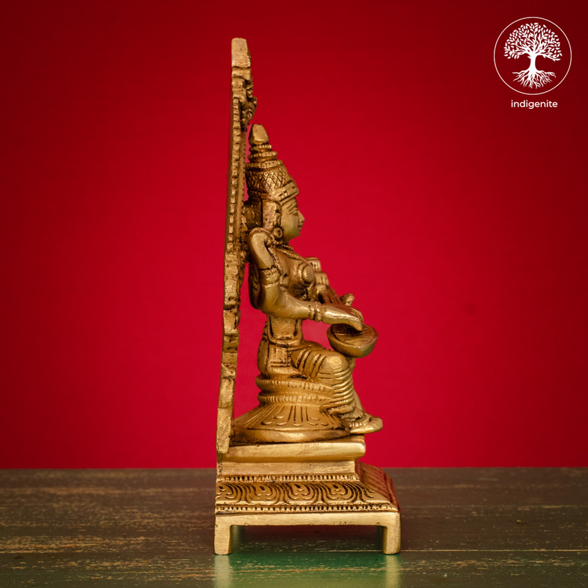 Goddess Saraswati Idol Sitting on Singhasan - Brass Statue