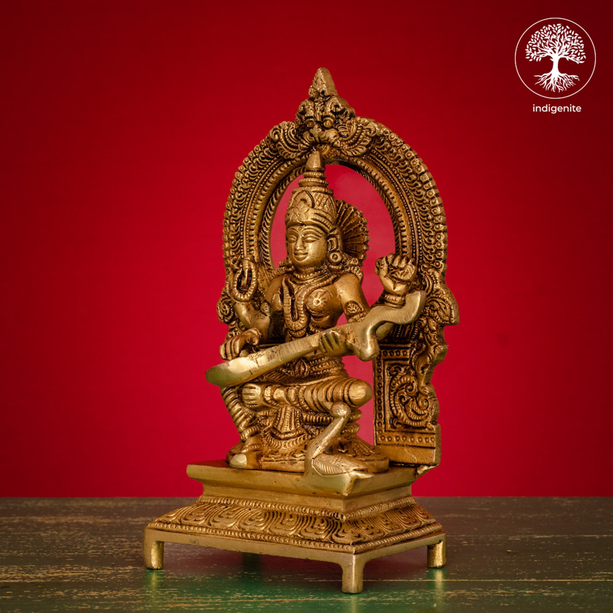 Goddess Saraswati Idol Sitting on Singhasan - Brass Statue