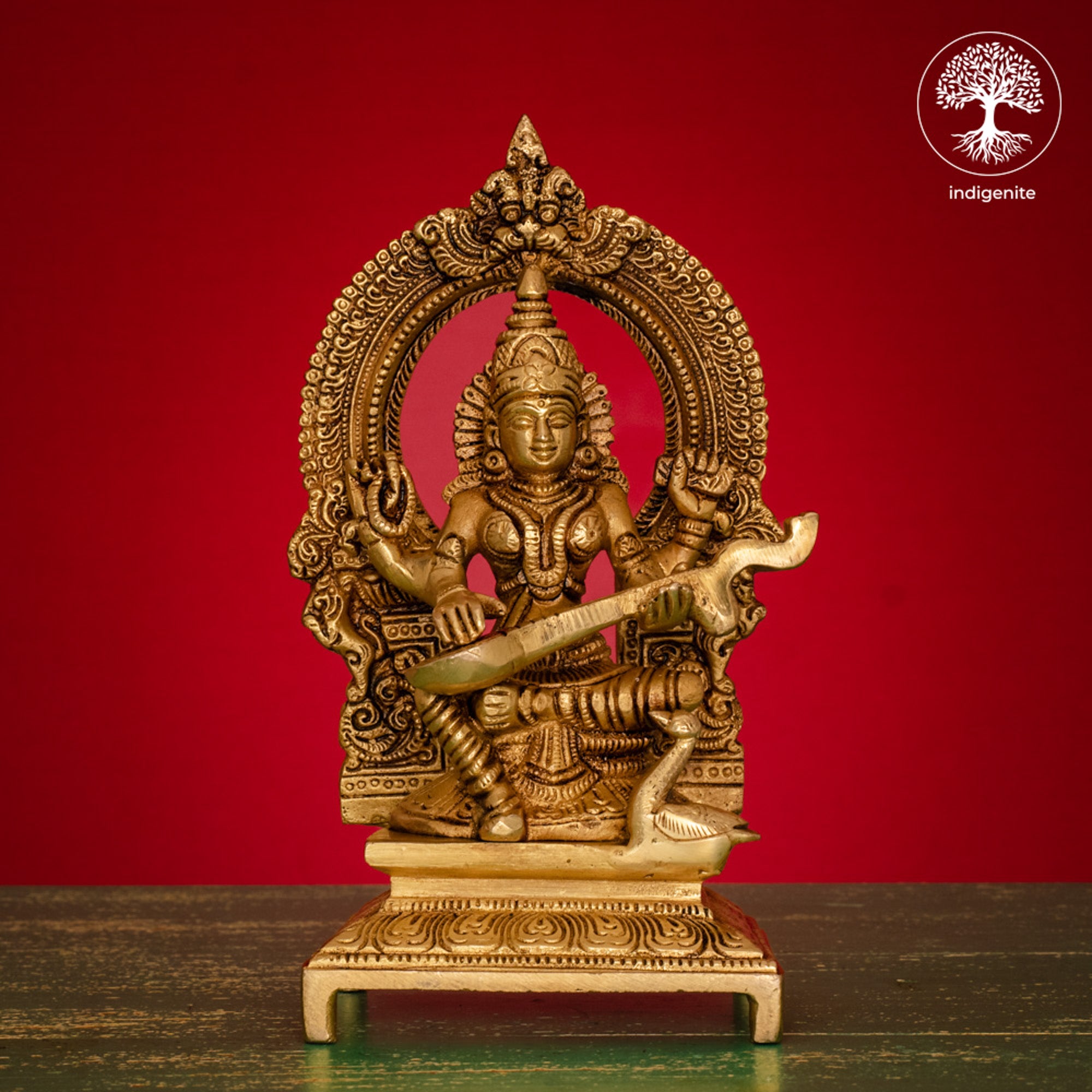 Goddess Saraswati Idol Sitting on Singhasan - Brass Statue