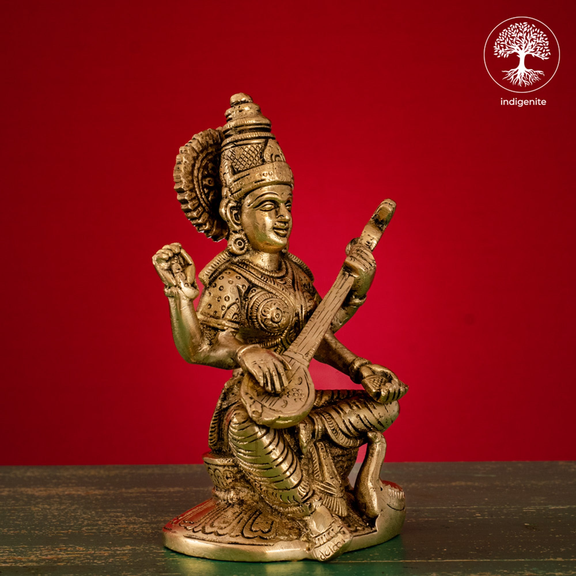 Goddess Saraswati Idol with Base - Brass Statue