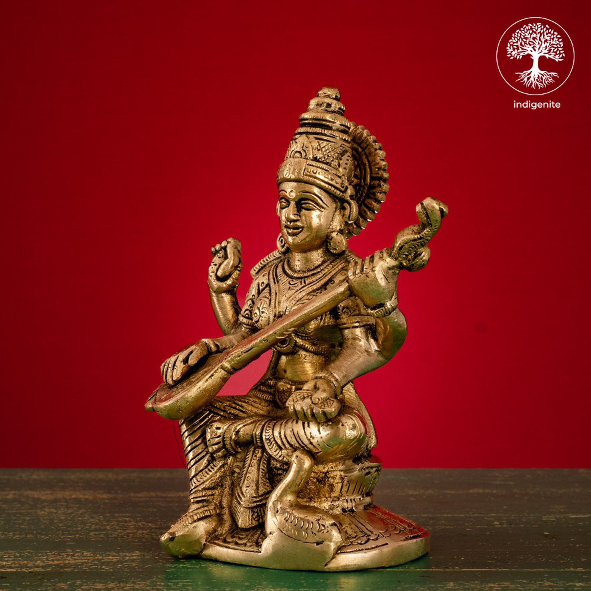 Goddess Saraswati Idol with Base - Brass Statue