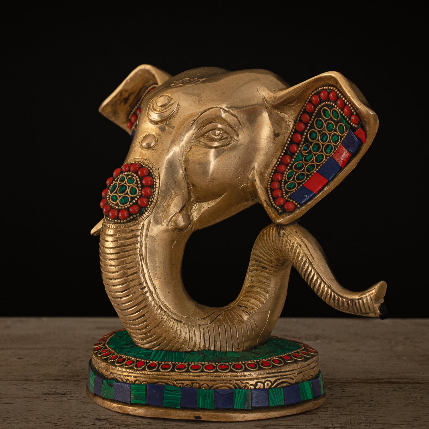 Modern Lord Ganesh Mukh Idol - Brass Staute with Stonework