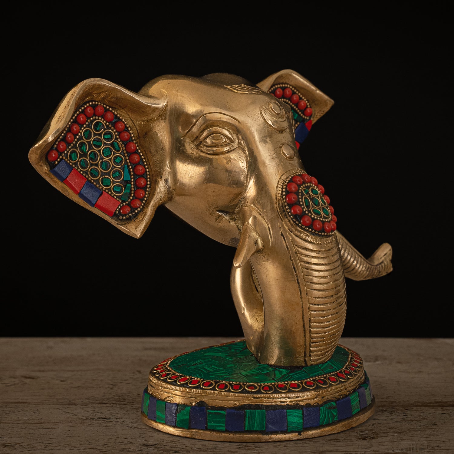 Modern Lord Ganesh Mukh Idol - Brass Staute with Stonework
