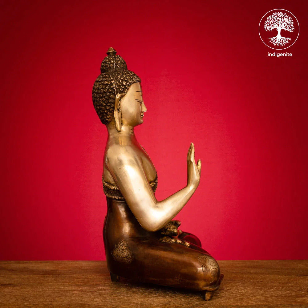 Lord Buddha Idol Sitting in Abhaya Mudra - Brass Statue in Brown and Gold Hues
