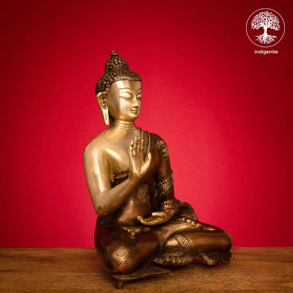 Lord Buddha Idol Sitting in Abhaya Mudra - Brass Statue in Brown and Gold Hues
