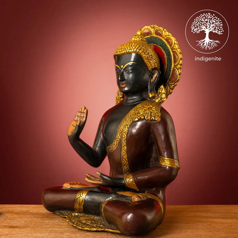 Lord Buddha Sitting In Abhaya Mudra - Brass Statue in Dark Green and Gold Hues