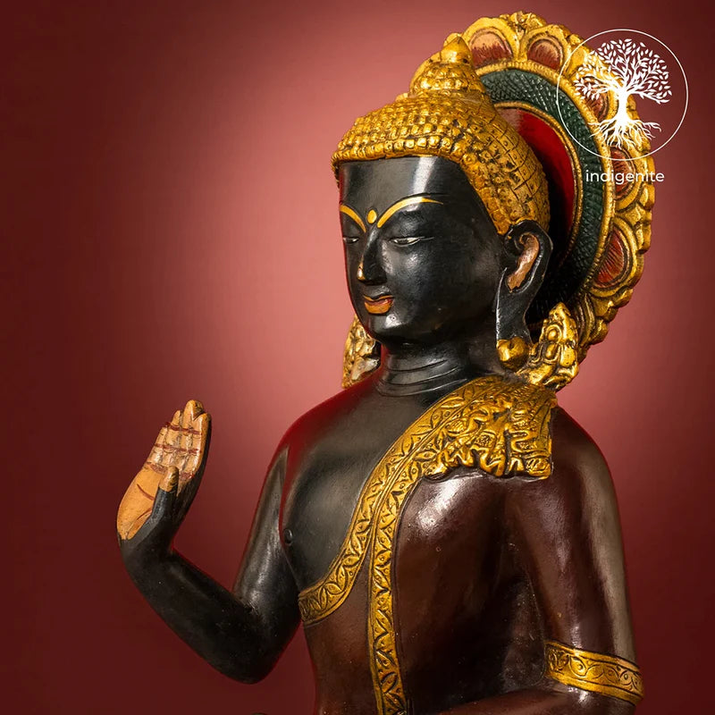 Lord Buddha Sitting In Abhaya Mudra - Brass Statue in Dark Green and Gold Hues