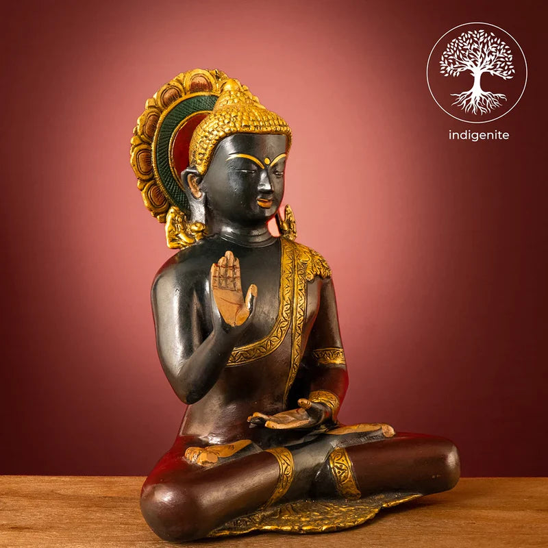 Lord Buddha Sitting In Abhaya Mudra - Brass Statue in Dark Green and Gold Hues