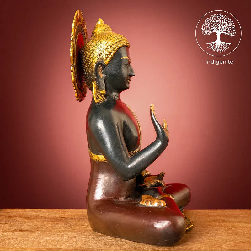 Lord Buddha Sitting In Abhaya Mudra - Brass Statue in Dark Green and Gold Hues