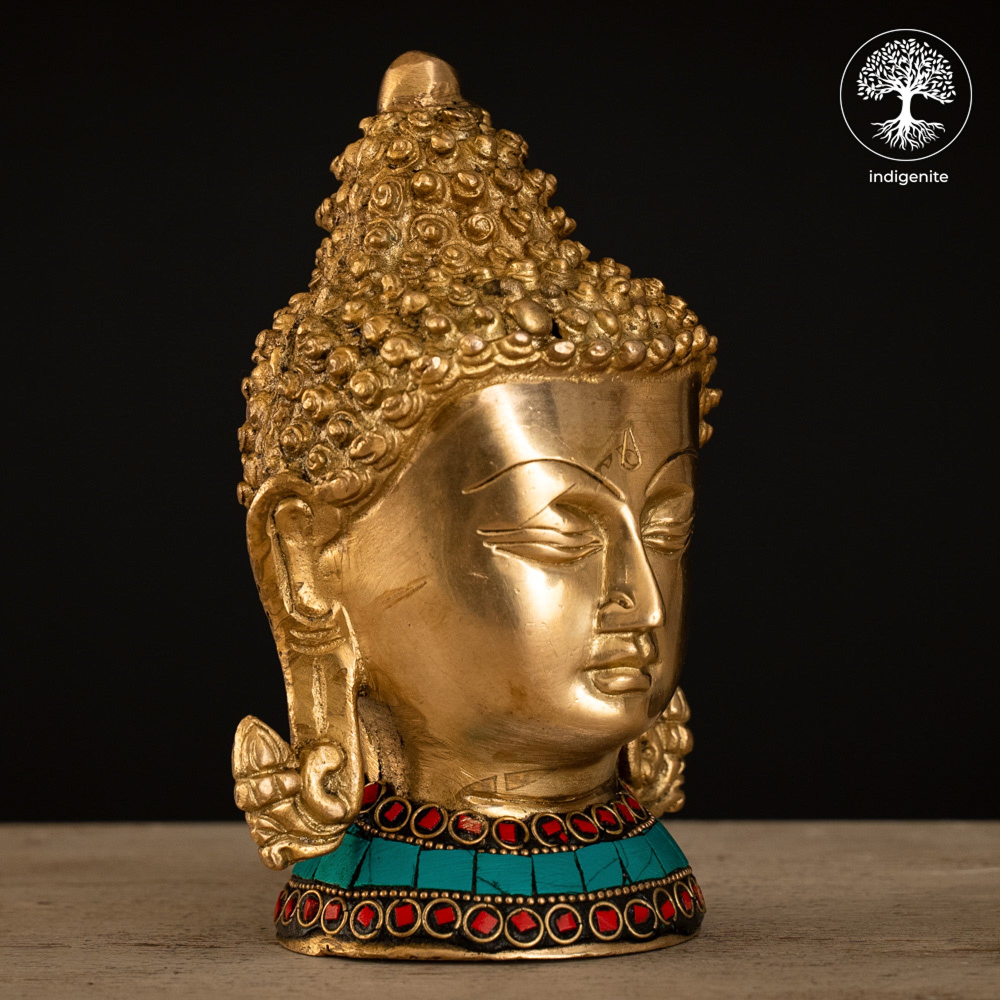 Lord Buddha Bust - Brass Statue with Stonework