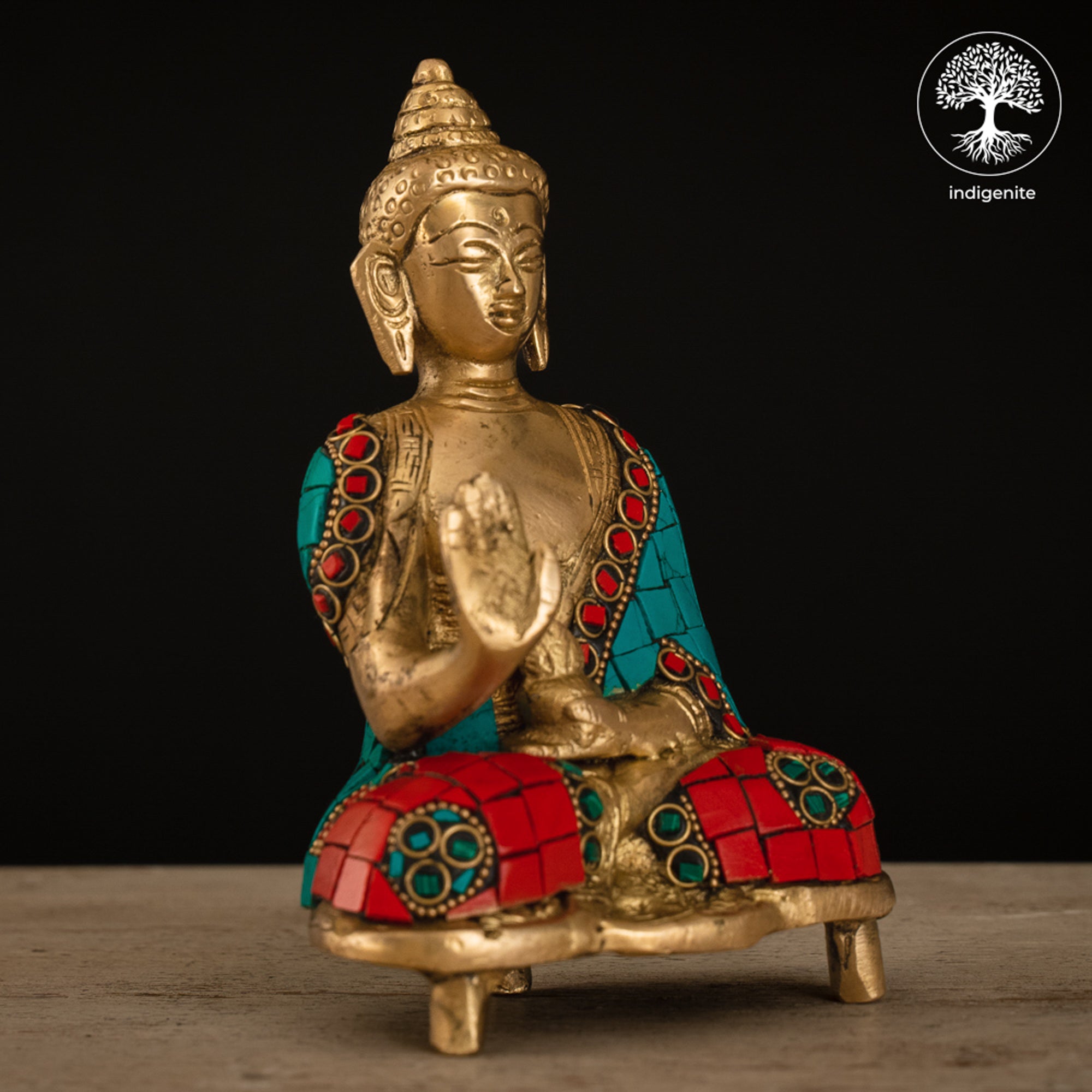 Lord Buddha Sitting In Abhaya Mudra - Brass Statue with Stonework