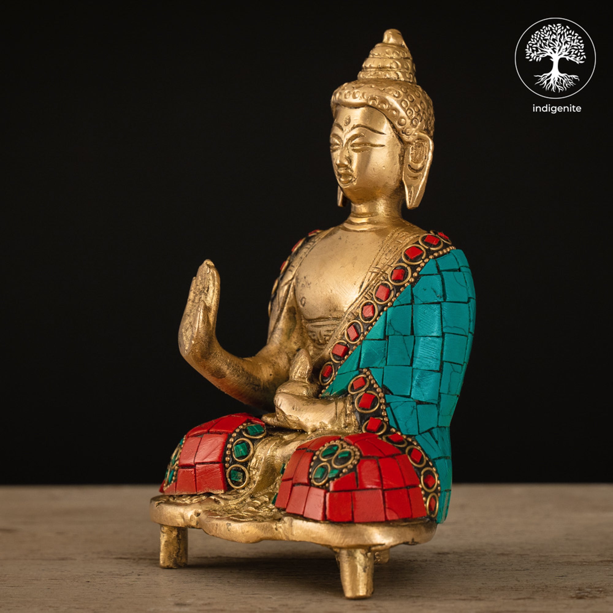 Lord Buddha Sitting In Abhaya Mudra - Brass Statue with Stonework