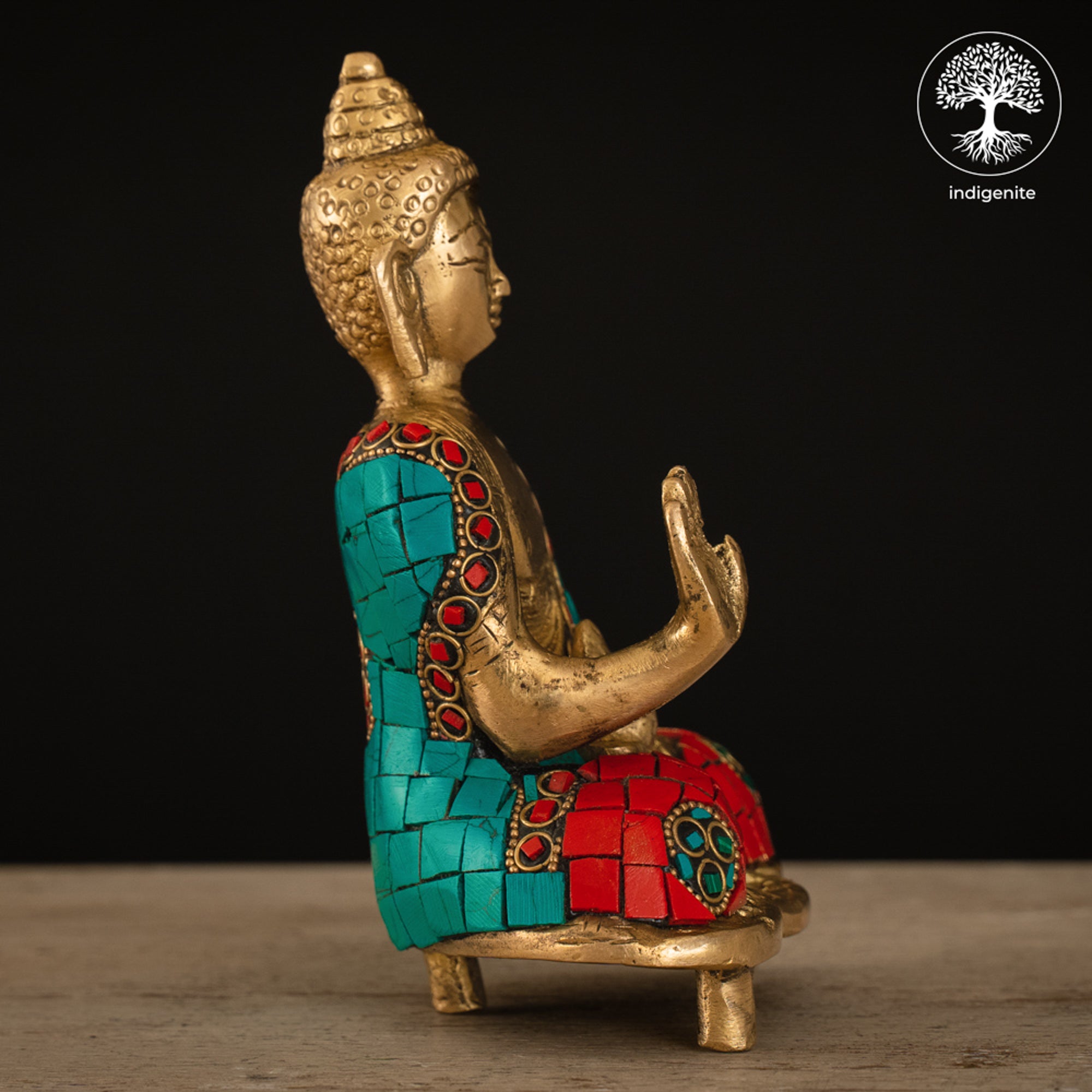 Lord Buddha Sitting In Abhaya Mudra - Brass Statue with Stonework