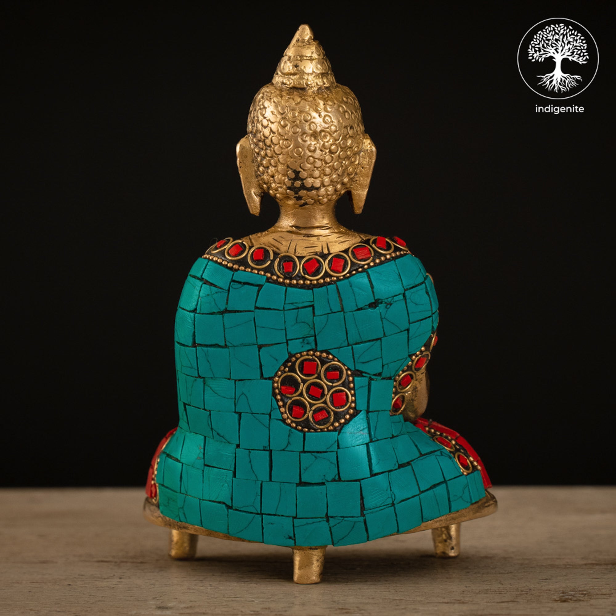 Lord Buddha Sitting In Abhaya Mudra - Brass Statue with Stonework