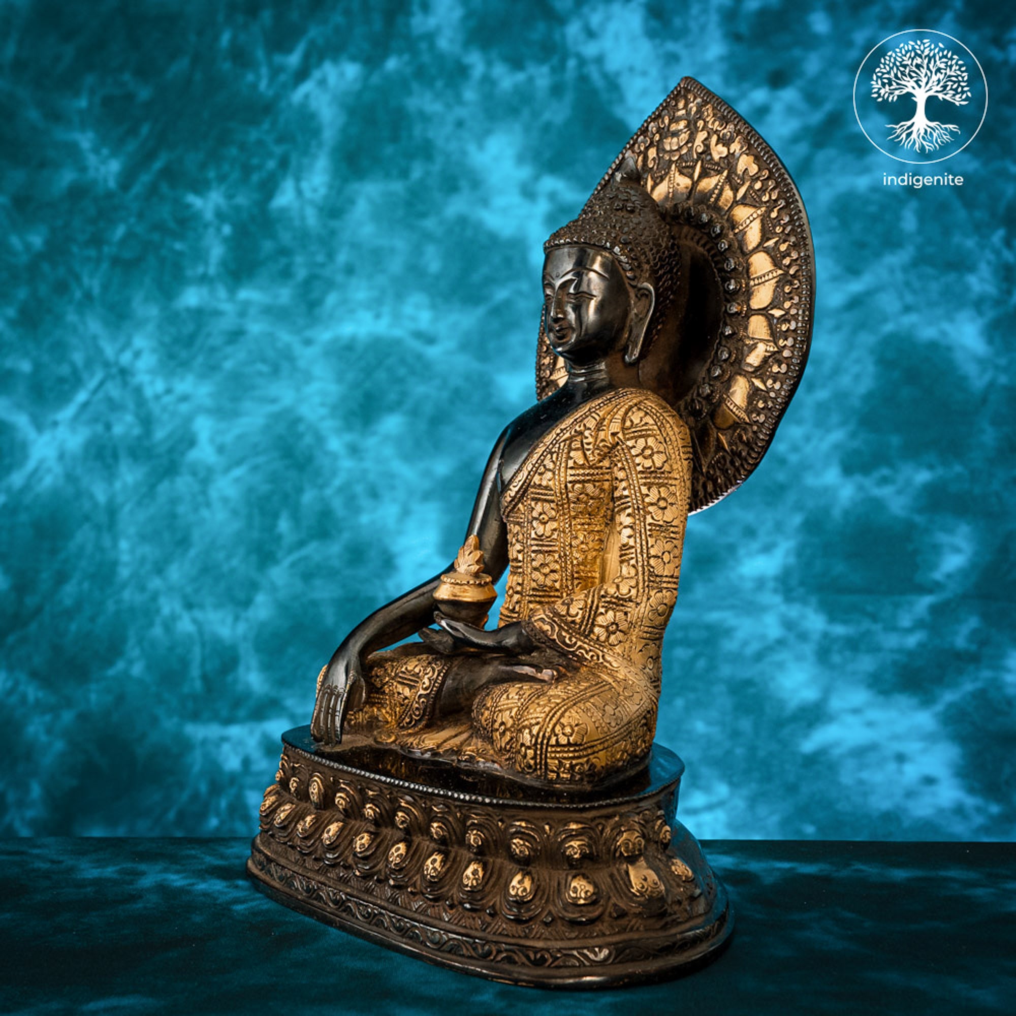 Lord Buddha Sitting In Bhumisparsha Mudra - Brass Statue in Black and Gold Hues