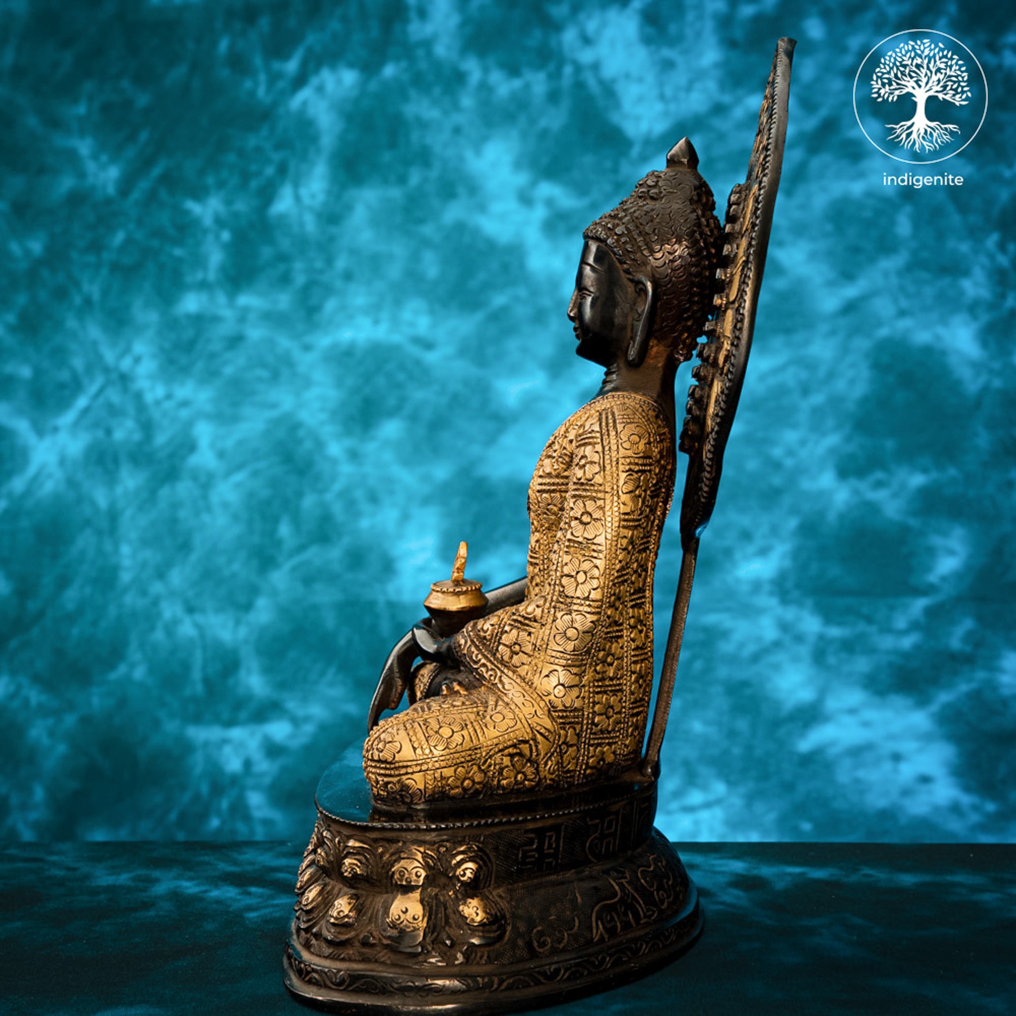 Lord Buddha Sitting In Bhumisparsha Mudra - Brass Statue in Black and Gold Hues