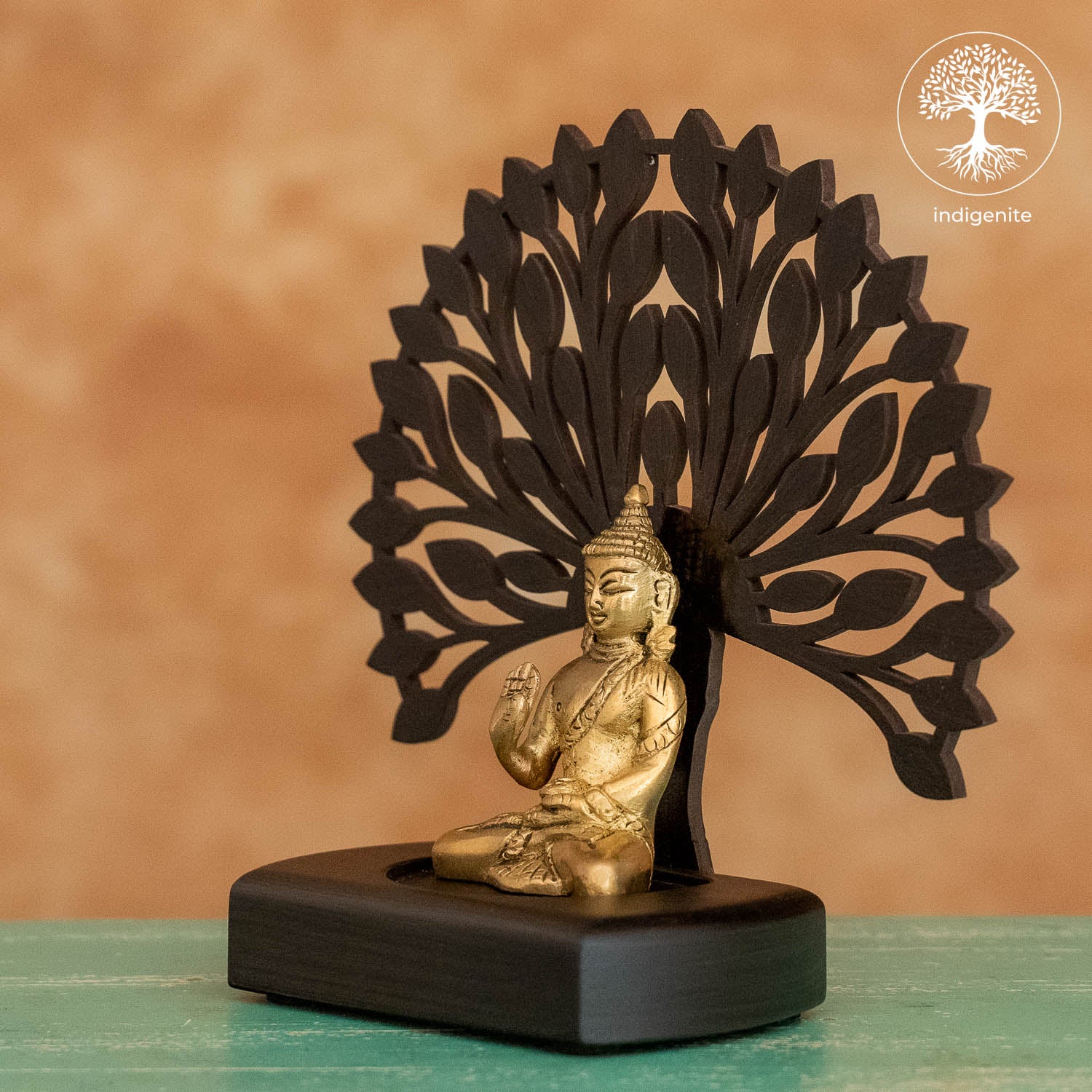 Lord Budhha Sitting Under Tree in Wooden Base - Brass Decorative