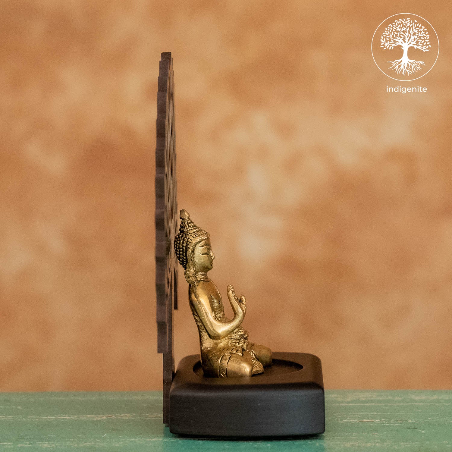 Lord Budhha Sitting Under Tree in Wooden Base - Brass Decorative