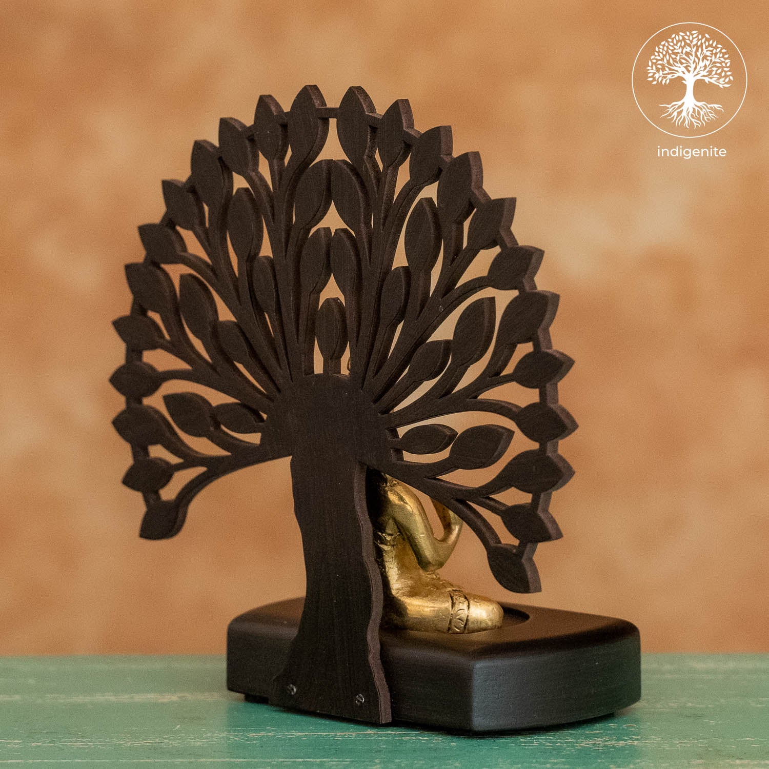 Lord Budhha Sitting Under Tree in Wooden Base - Brass Decorative