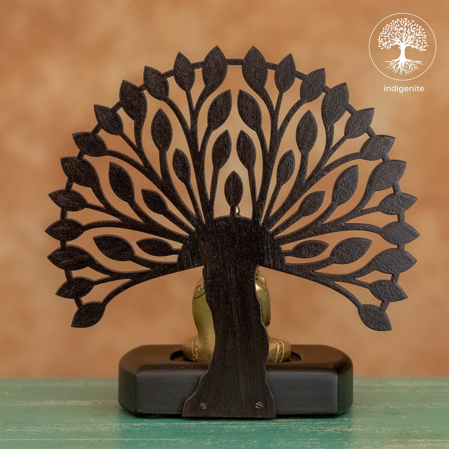 Lord Budhha Sitting Under Tree in Wooden Base - Brass Decorative