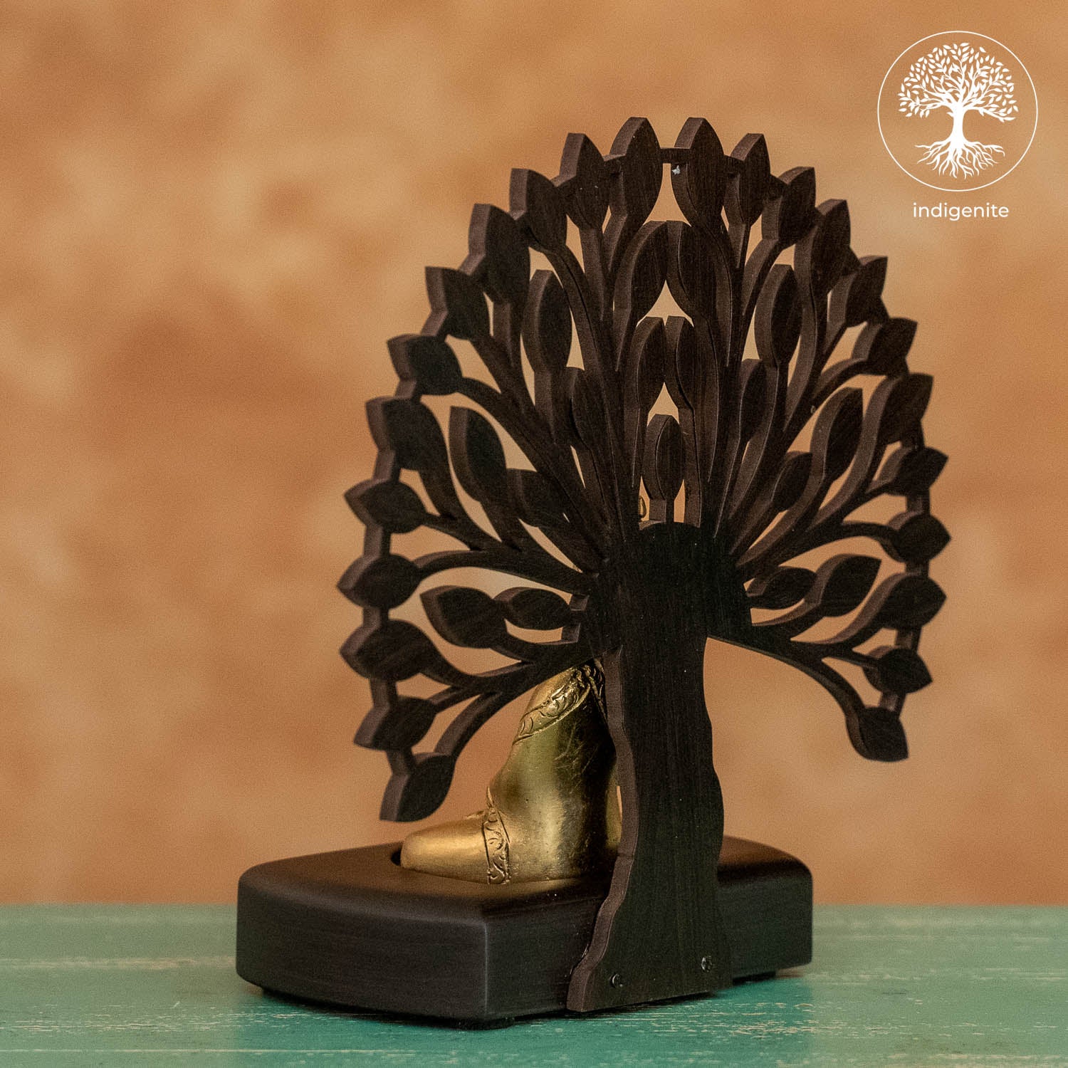 Lord Budhha Sitting Under Tree in Wooden Base - Brass Decorative