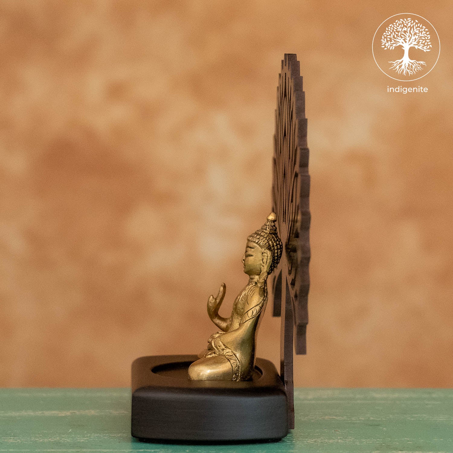 Lord Budhha Sitting Under Tree in Wooden Base - Brass Decorative