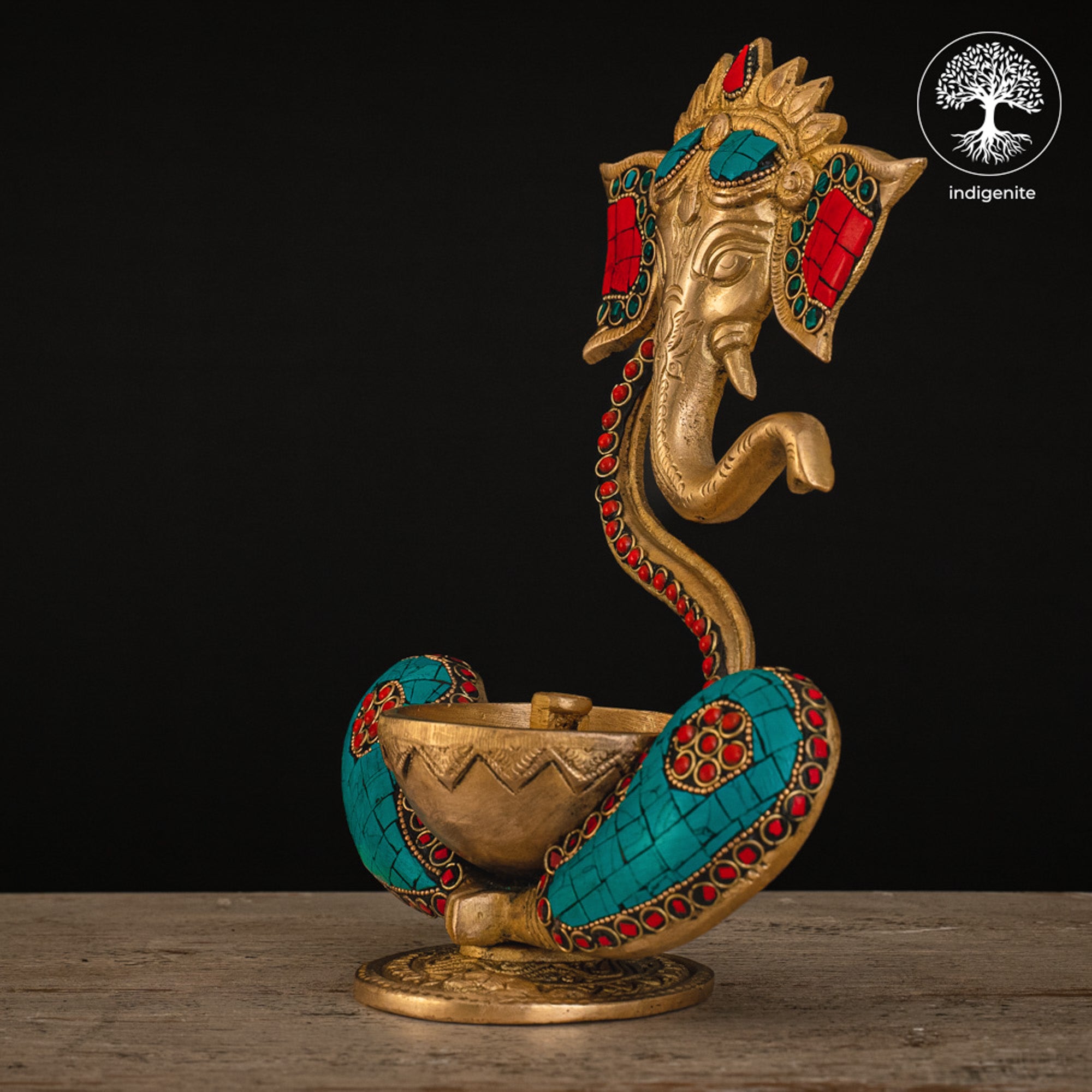 Lord Ganesh Diya - Brass Staue with Stonework
