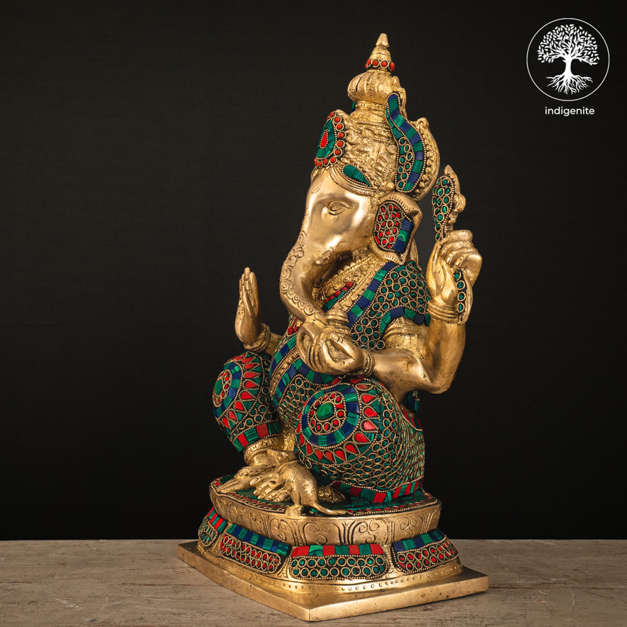 Lord Ganesh Idol - Brass Statue with Stonework