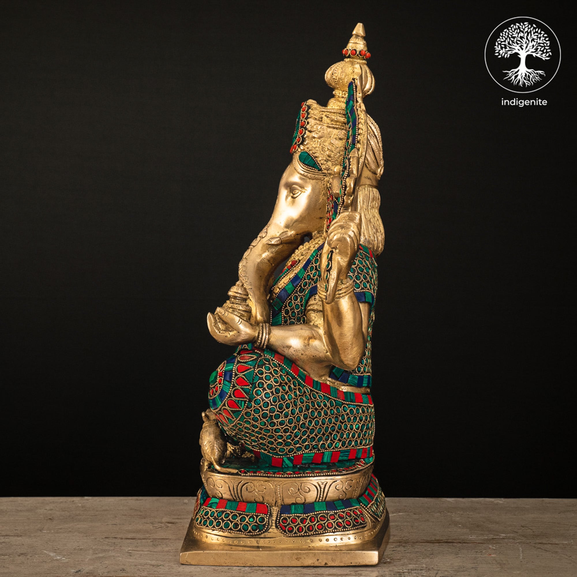 Lord Ganesh Idol - Brass Statue with Stonework