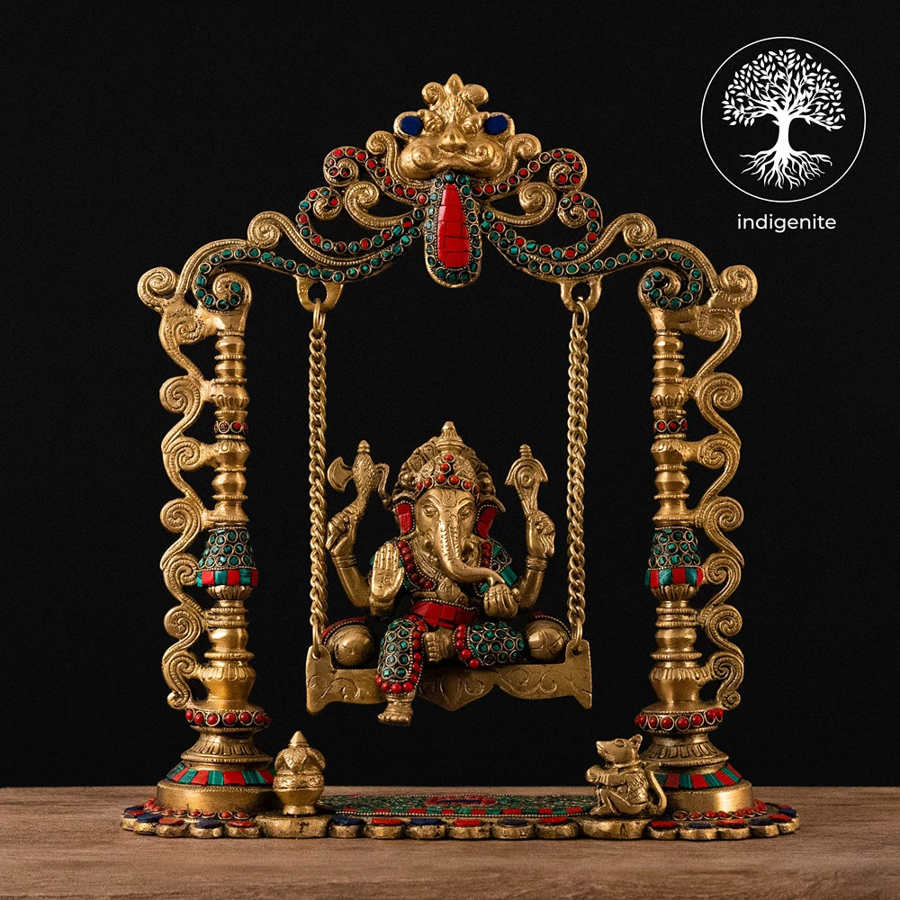 Lord Ganesh on Swing - Brass Statue with Stonework
