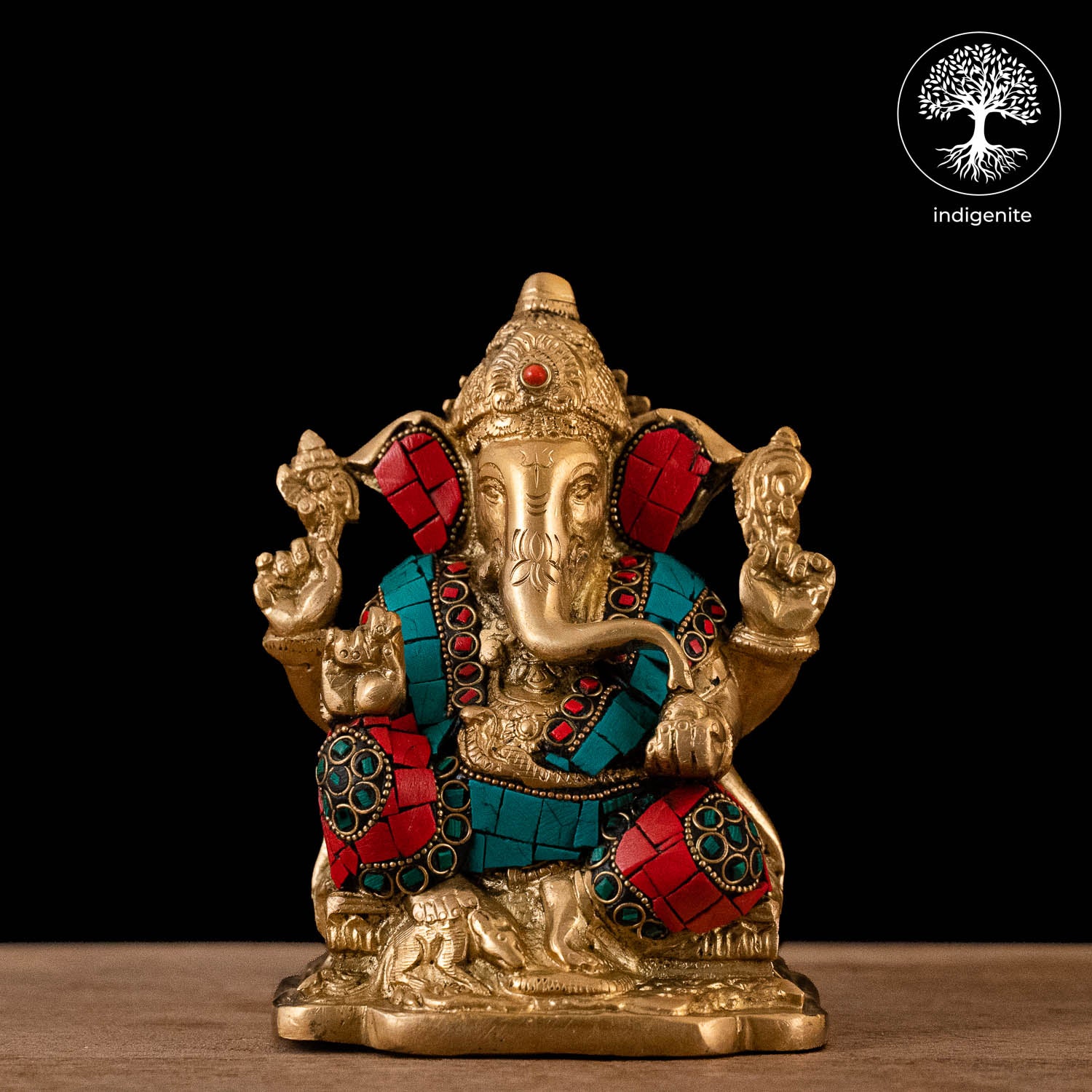 Lord Ganesh Idol Sitting - Brass Statue with Stonework