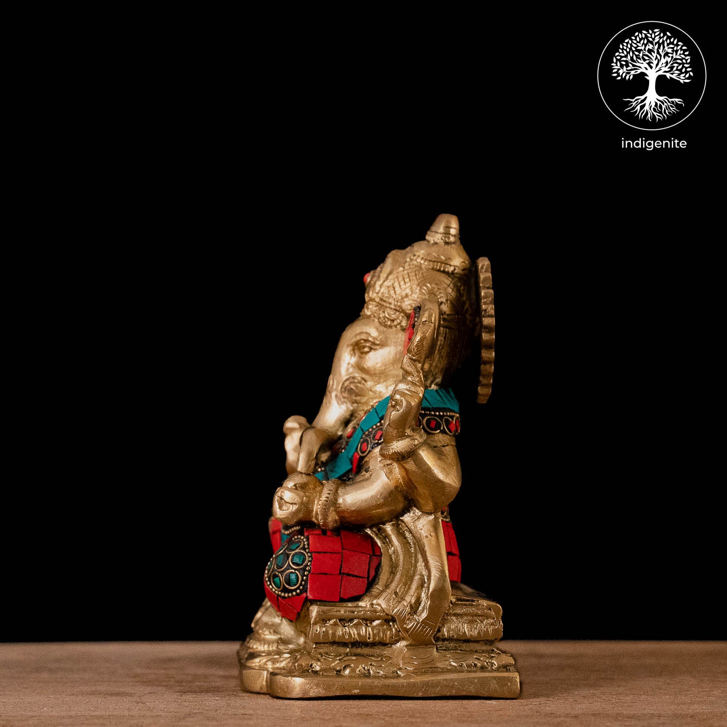 Lord Ganesh Idol Sitting - Brass Statue with Stonework