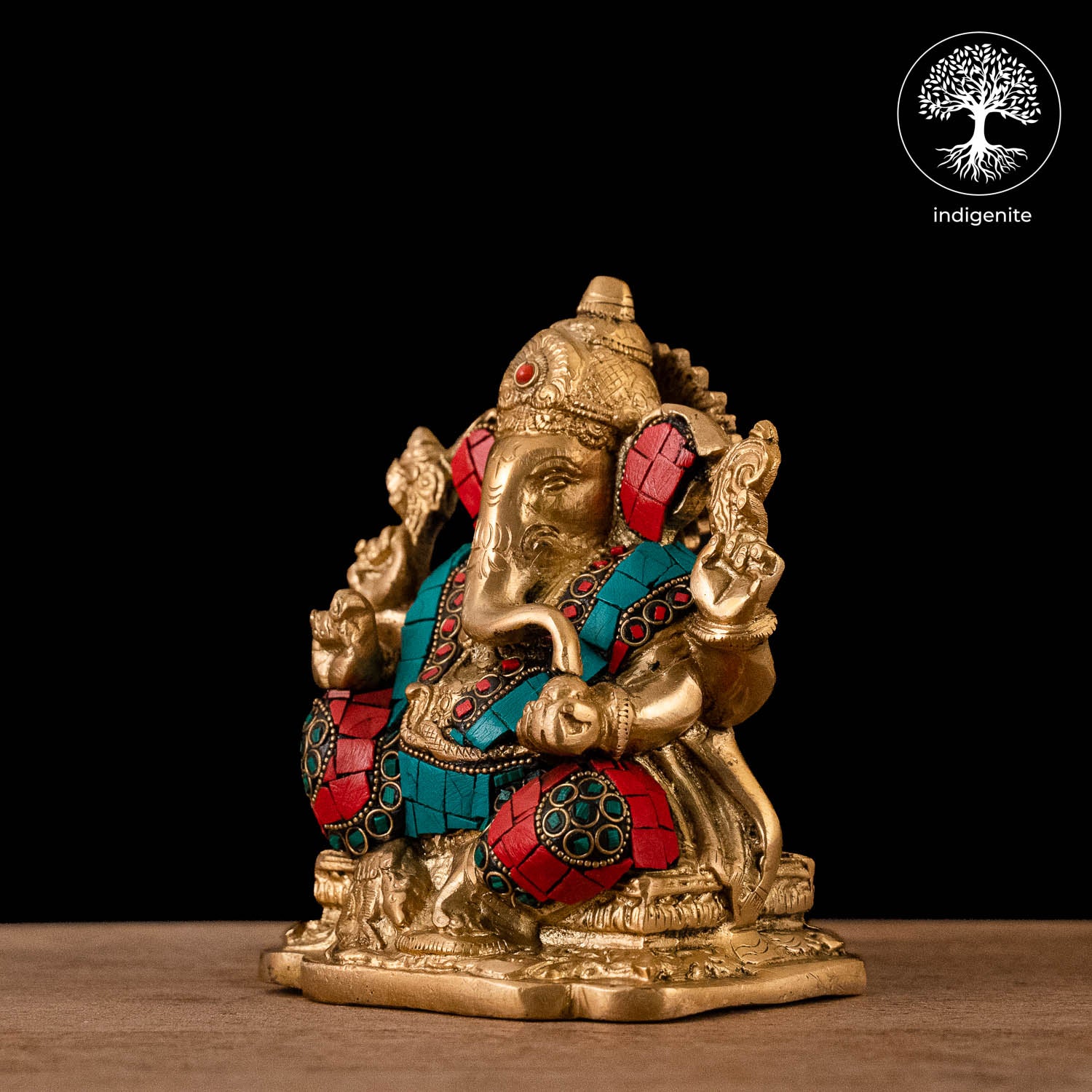 Lord Ganesh Idol Sitting - Brass Statue with Stonework
