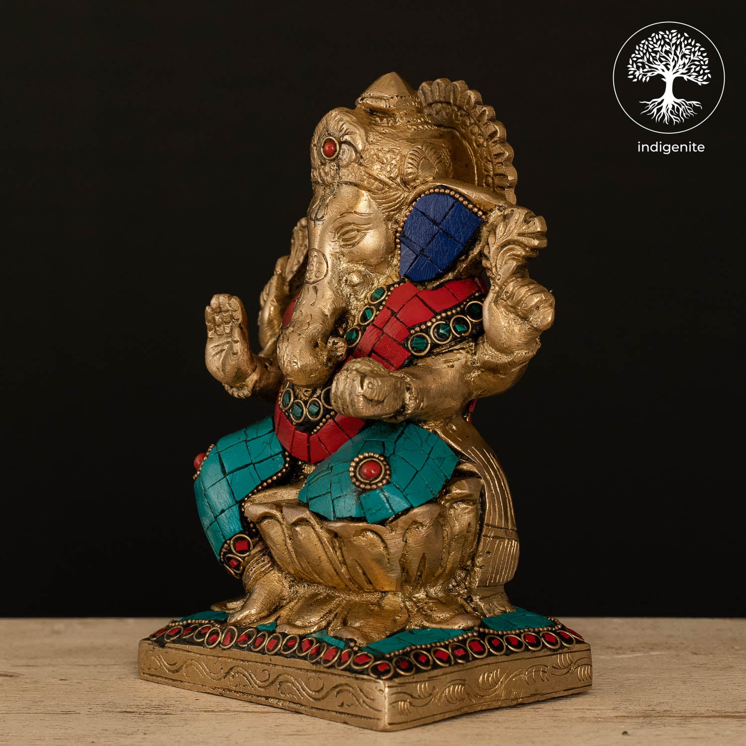 Lord Ganesh Idol on Lotus - Brass Statue with Stonework