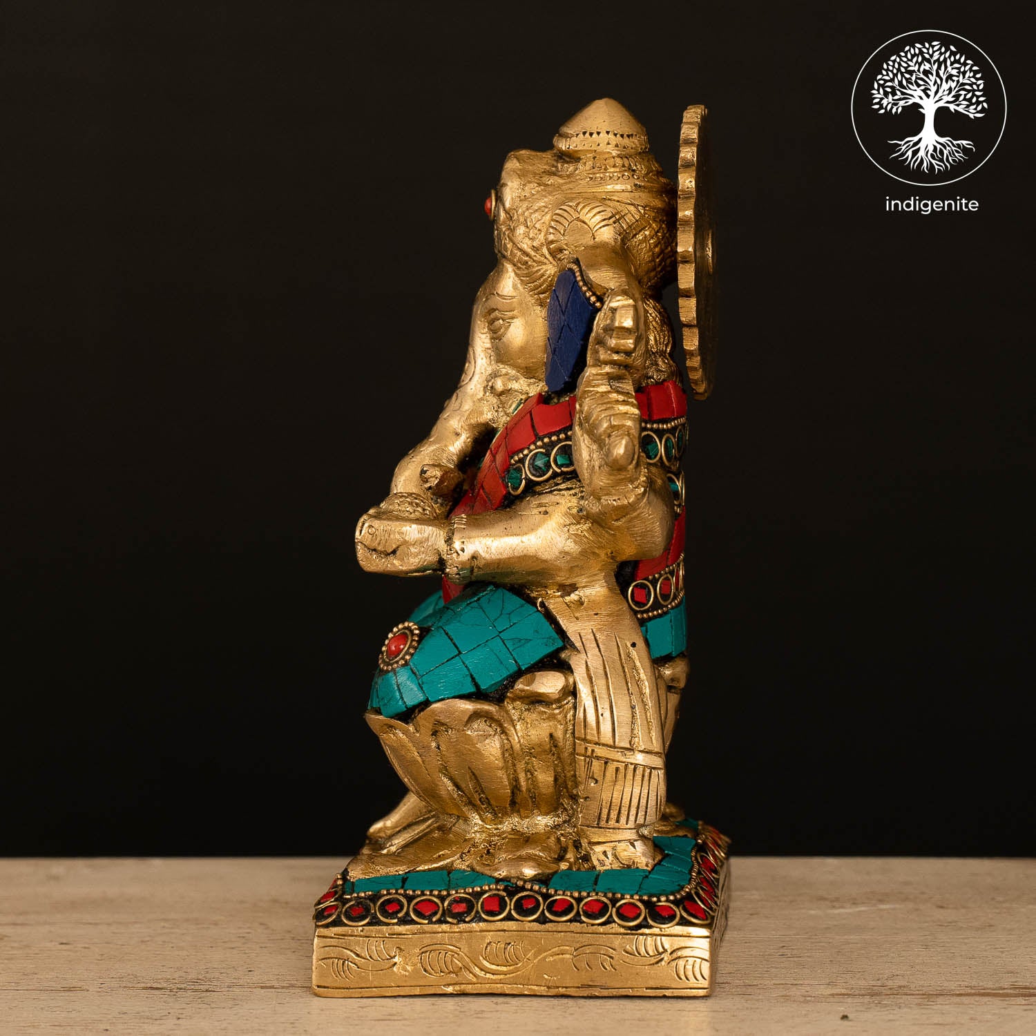 Lord Ganesh Idol on Lotus - Brass Statue with Stonework