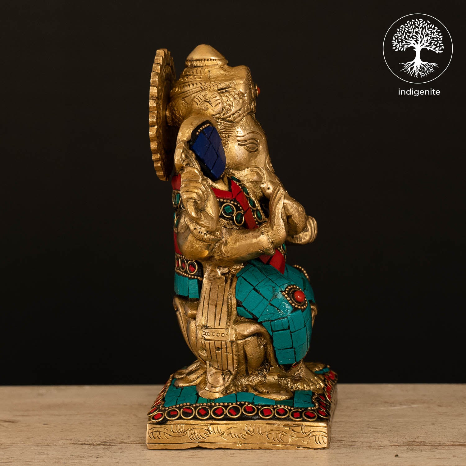 Lord Ganesh Idol on Lotus - Brass Statue with Stonework