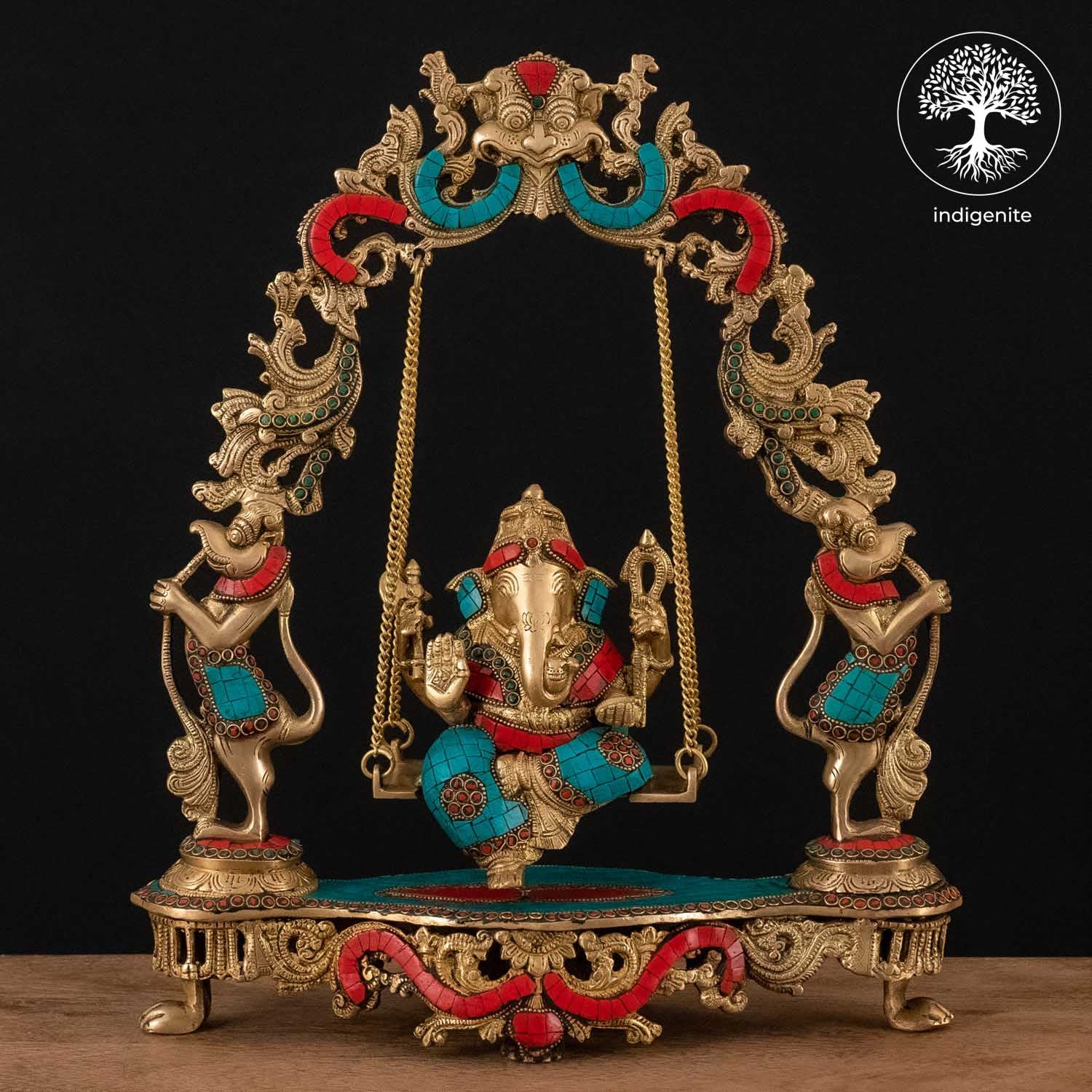 Lord Ganesh Idol on Swing - Brass Statue with Stonework