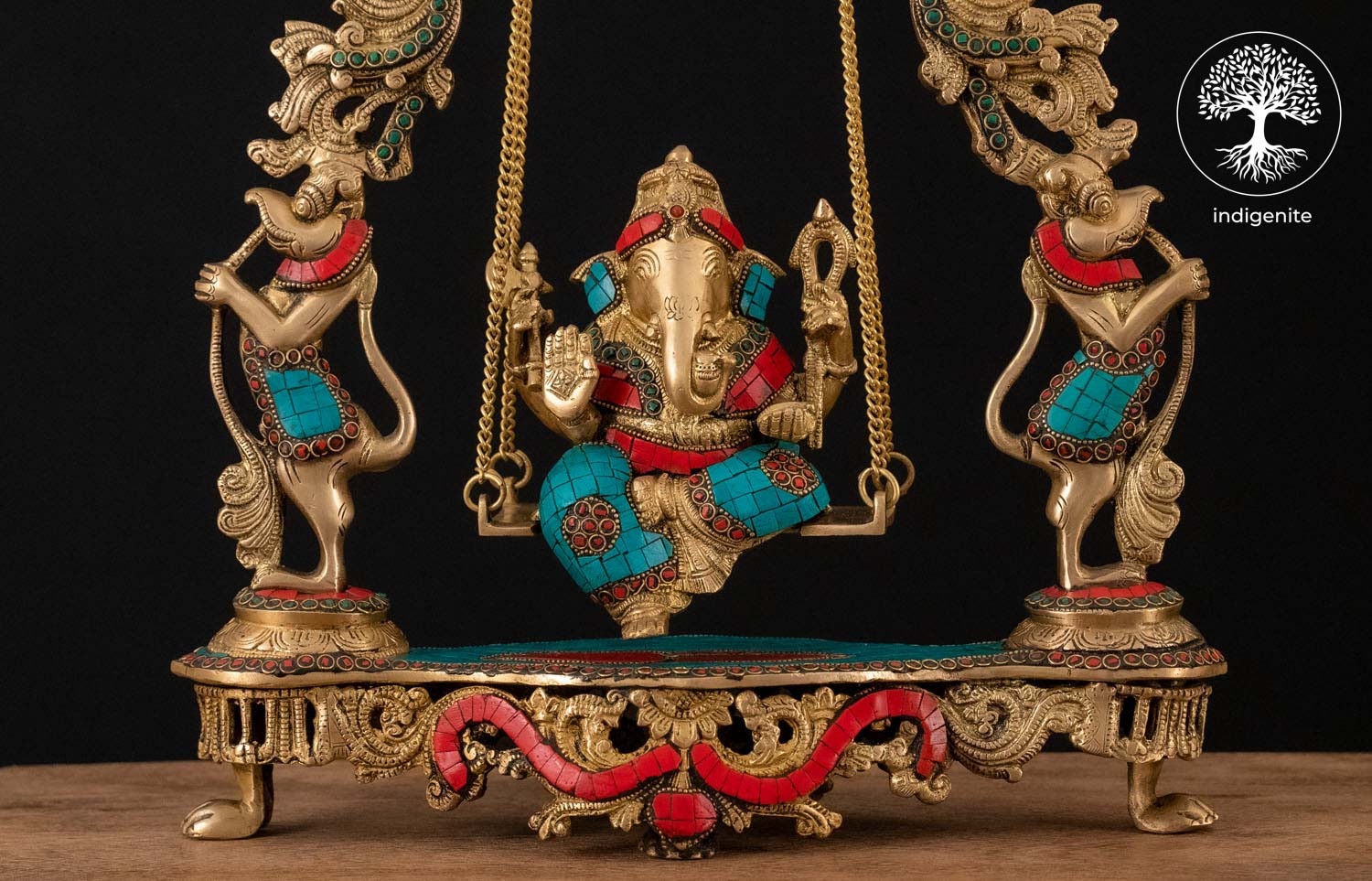 Lord Ganesh Idol on Swing - Brass Statue with Stonework