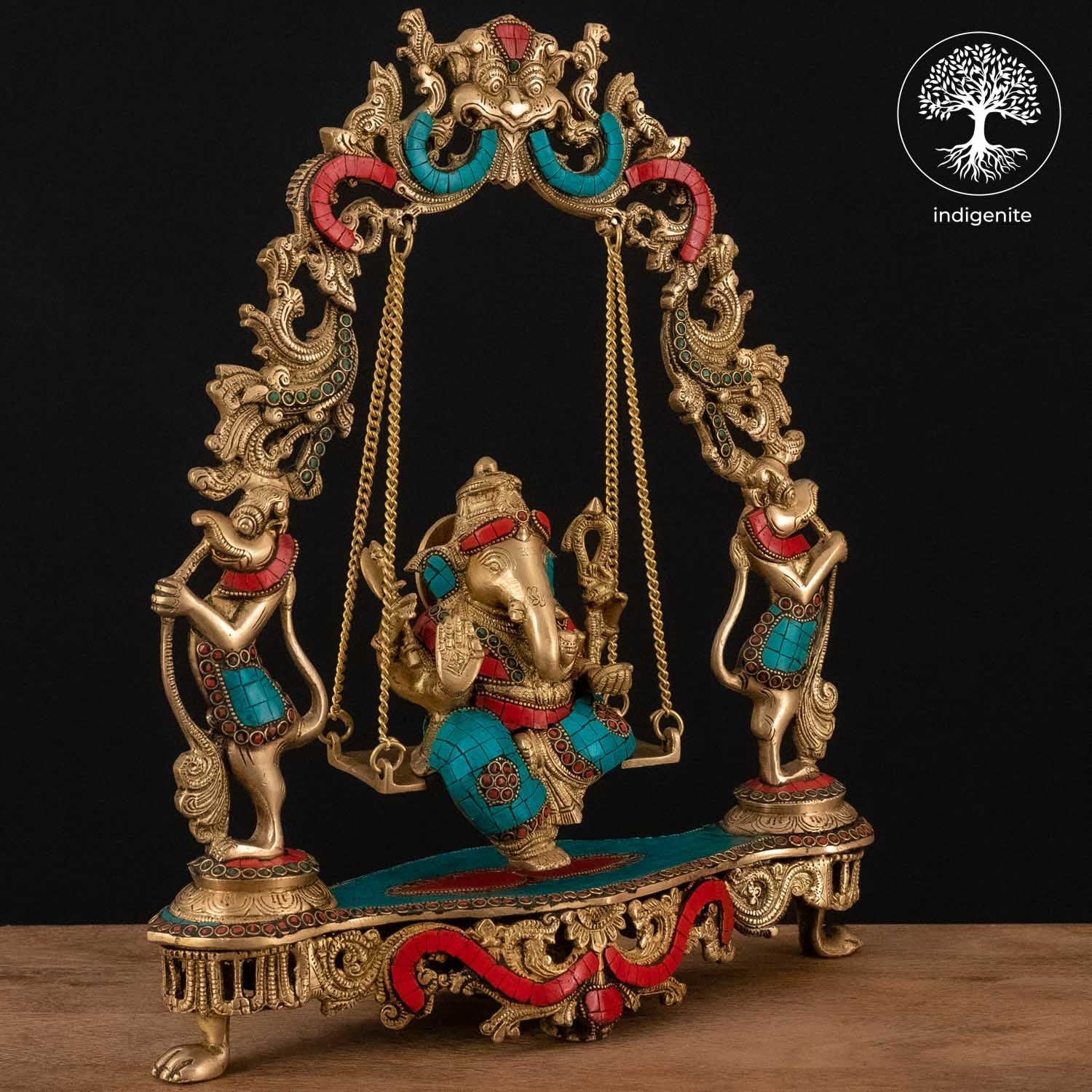 Lord Ganesh Idol on Swing - Brass Statue with Stonework