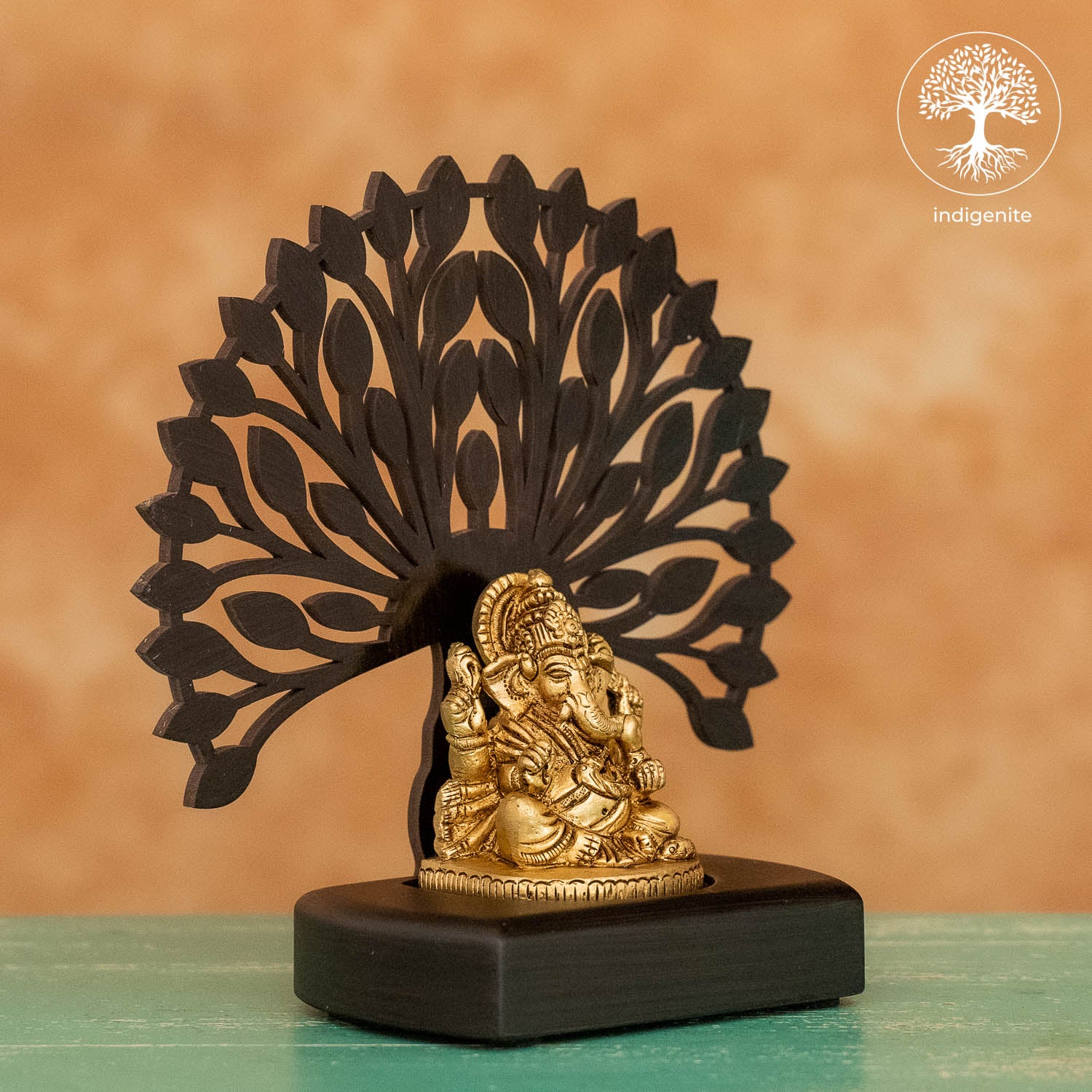 Lord Ganesh Sitting Under Tree in Wooden Base - Brass Decorative